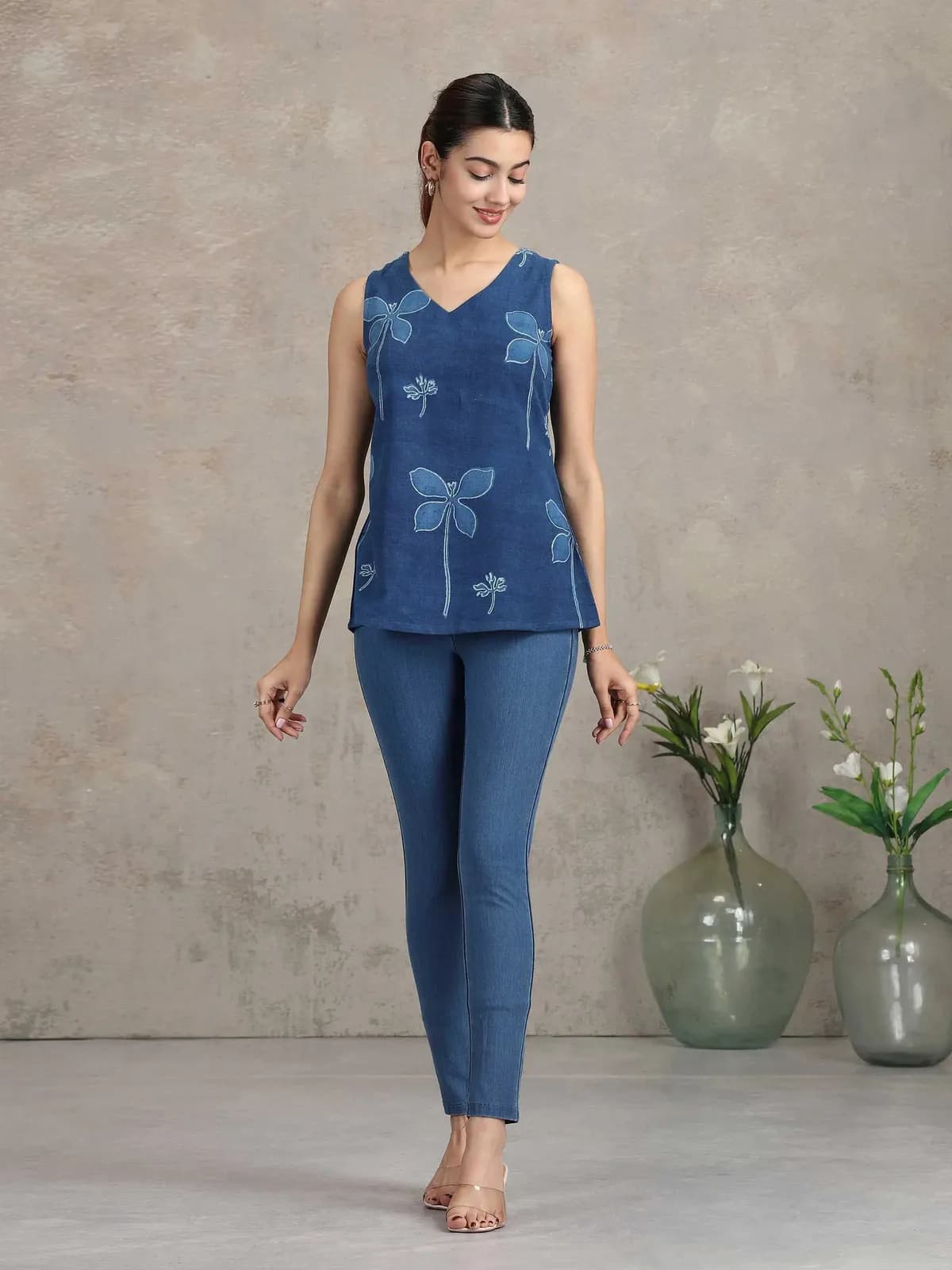 Denim Blue Floral Printed Straight Tunic - Barkha Boutique Kishangarh