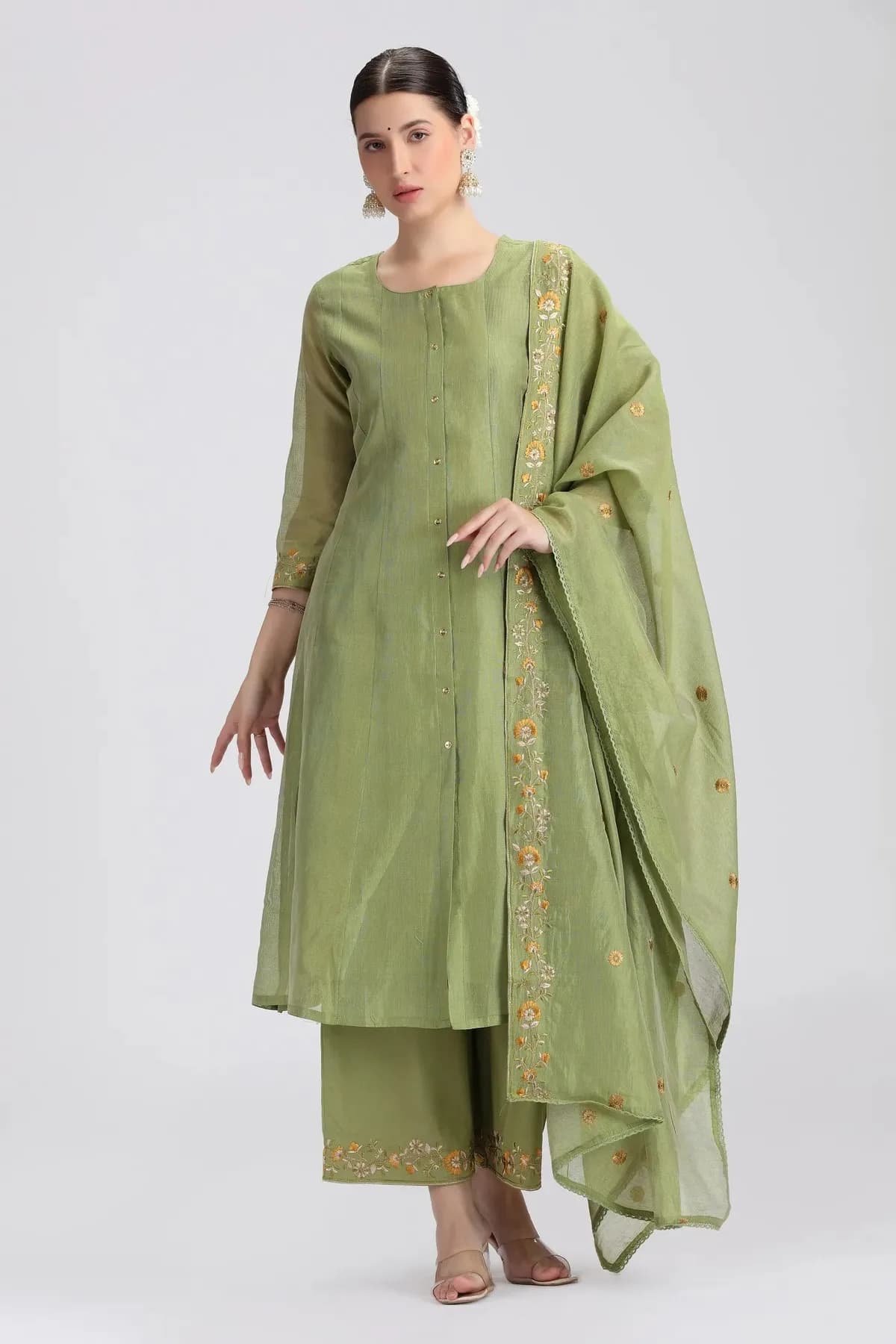 Green Chanderi Embroidered A Line Kurta Pant and Dupatta Suit Set - Barkha Boutique Kishangarh