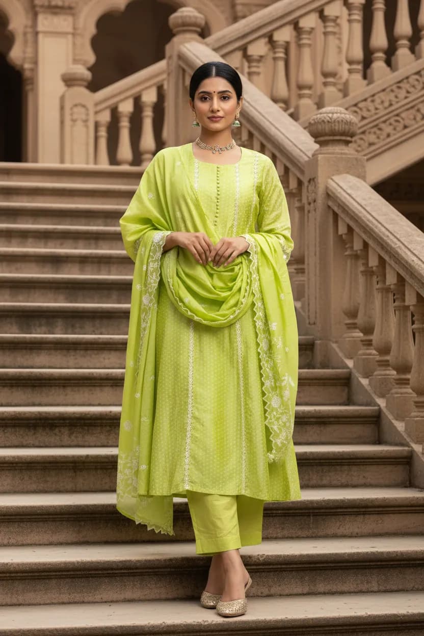 Green Embroidered A-Line Ethnic Set - Barkha Boutique Kishangarh