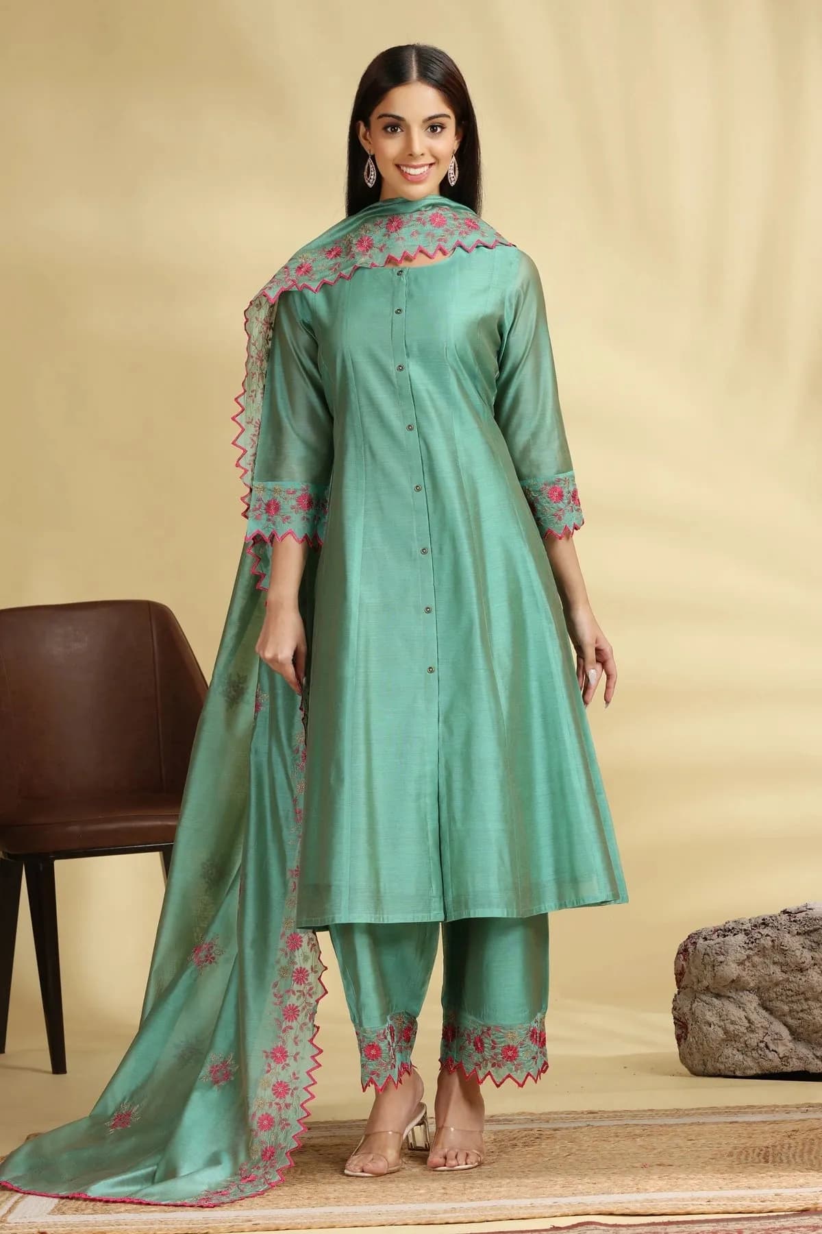 Green Embroidered Chanderi A Line Kurta Pant Dupatta Suit Set - Barkha Boutique Kishangarh