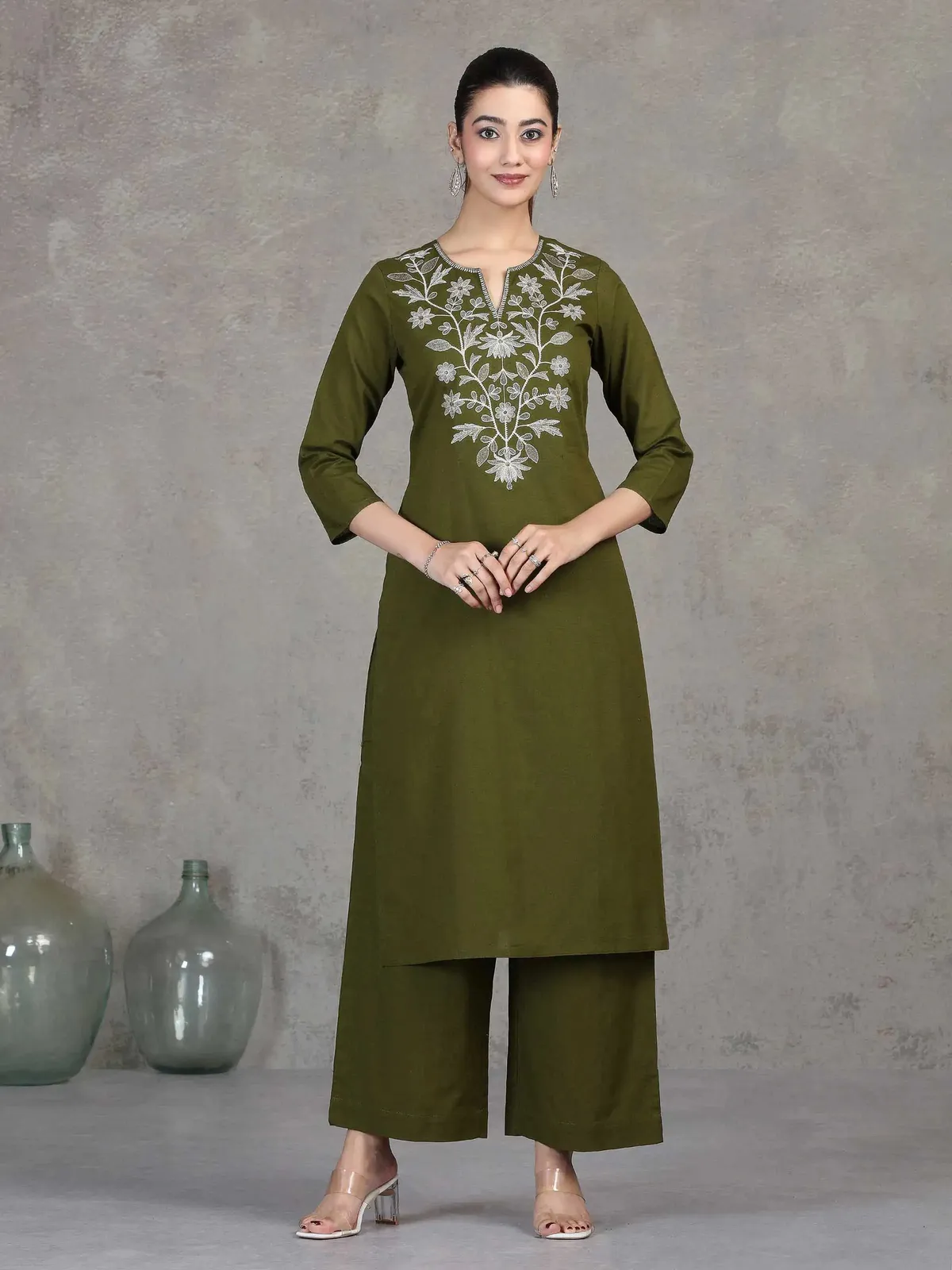 Green Embroidered Cotton Straight Co-ord Set - Barkha Boutique Kishangarh