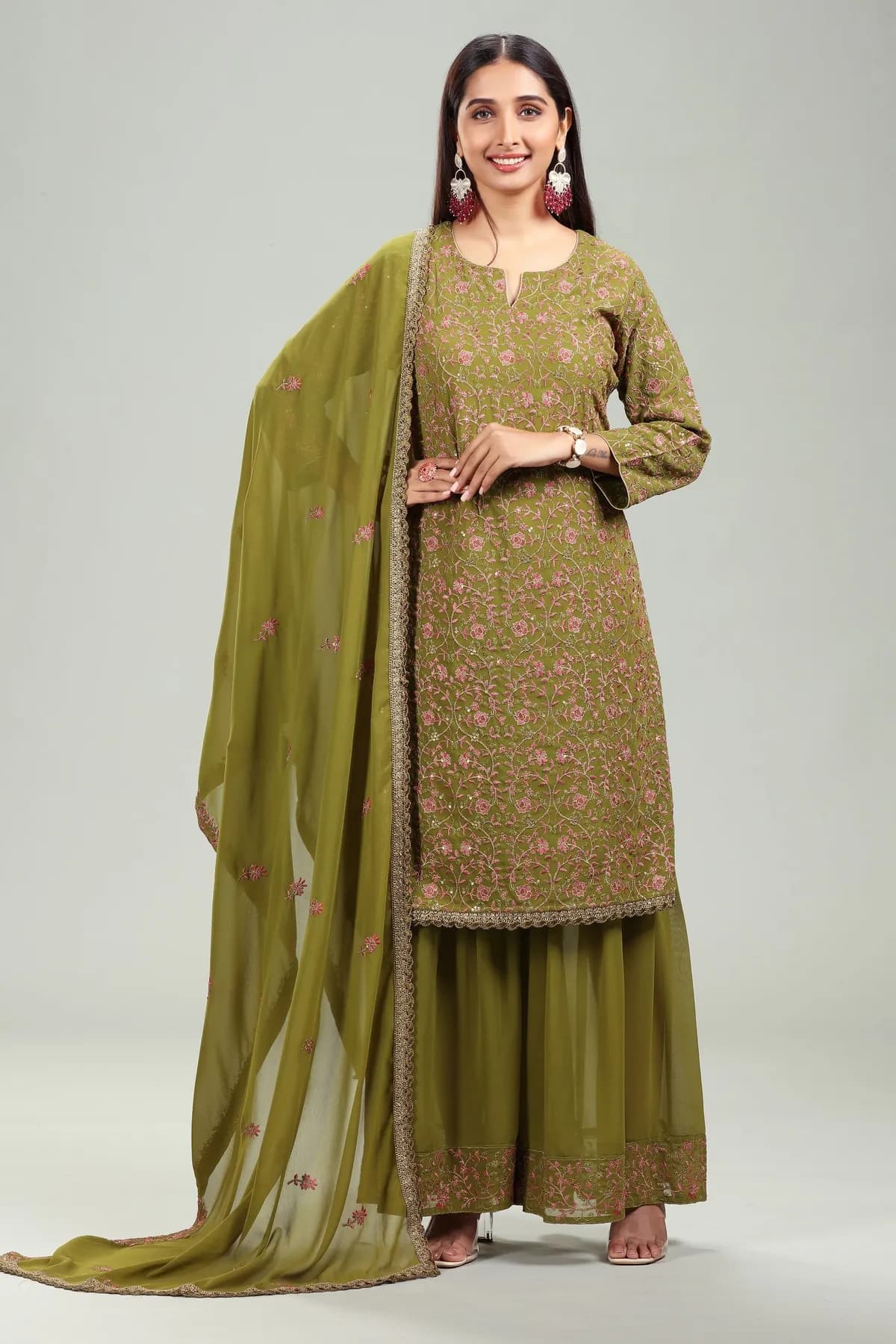 Green Georgette Straight Embroidered Kurta Palazzo Suit Set - Barkha Boutique Kishangarh