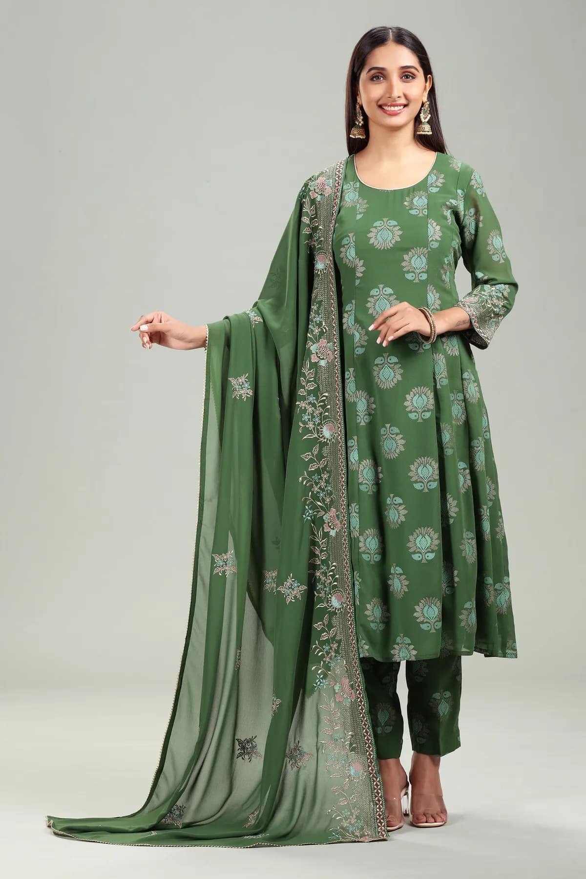 Green Georgette Yarndyed Anarkali Kurta Pant Suit Set - Barkha Boutique Kishangarh
