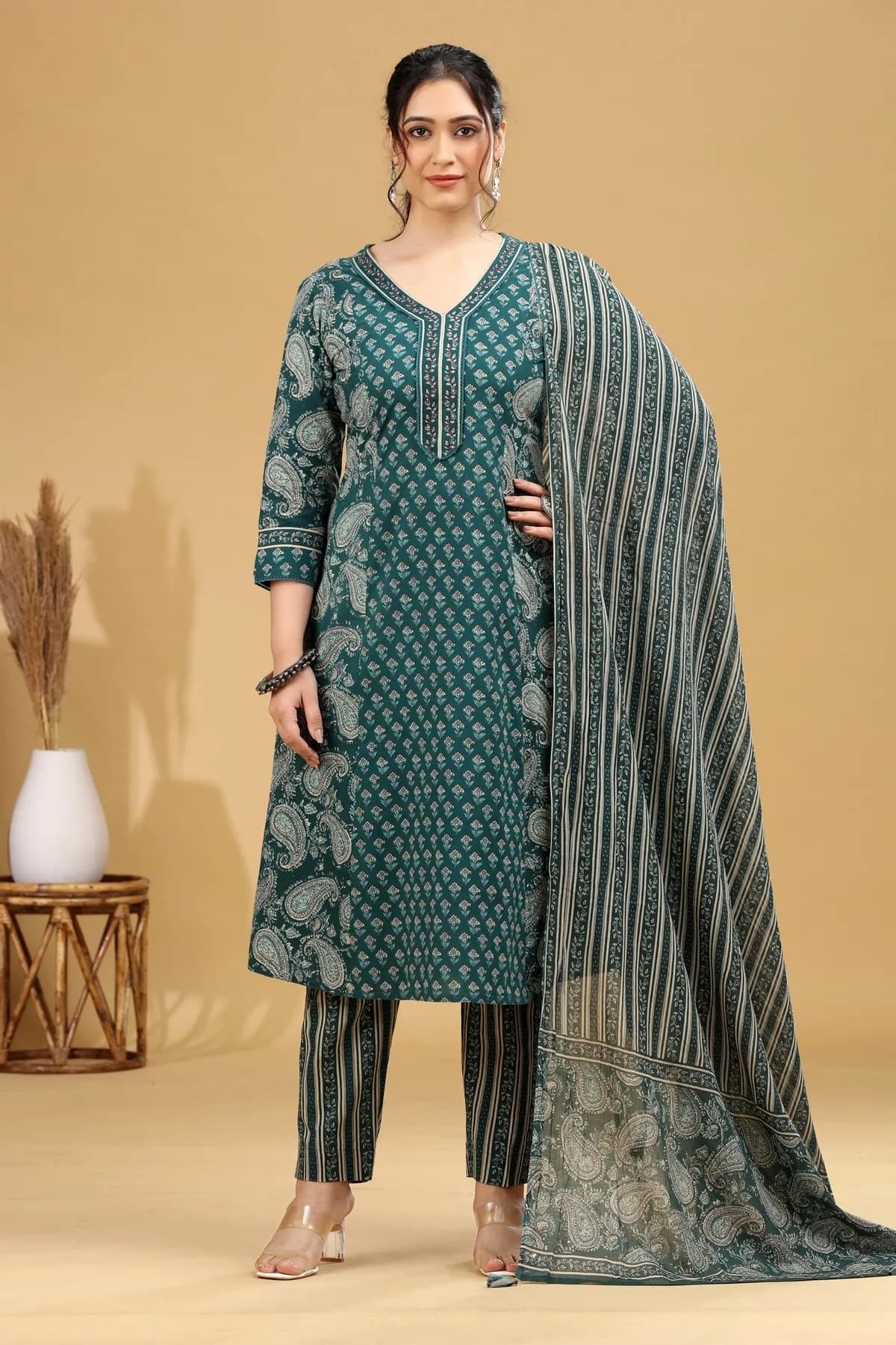 Green Printed A-Line Cotton Ethnic Set - Barkha Boutique Kishangarh