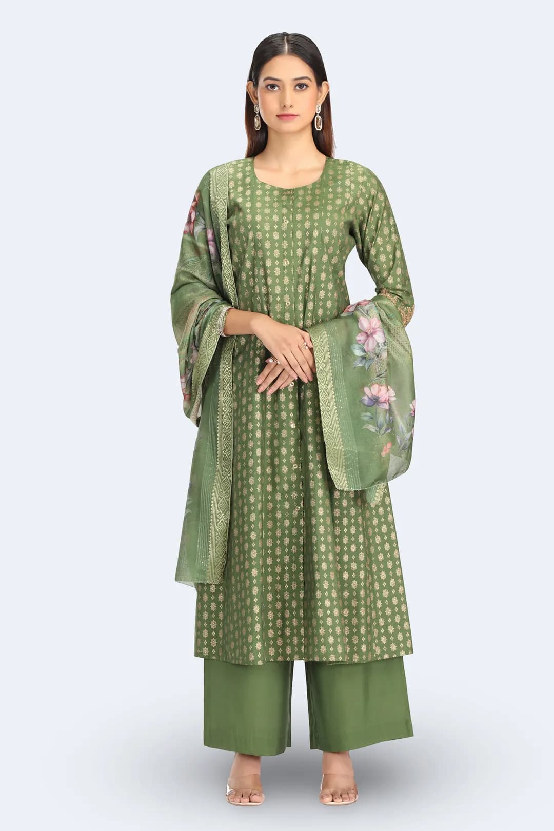 Green Roman Silk Embroidered A Line Kurta Pant and Dupatta Suit Set - Barkha Boutique Kishangarh