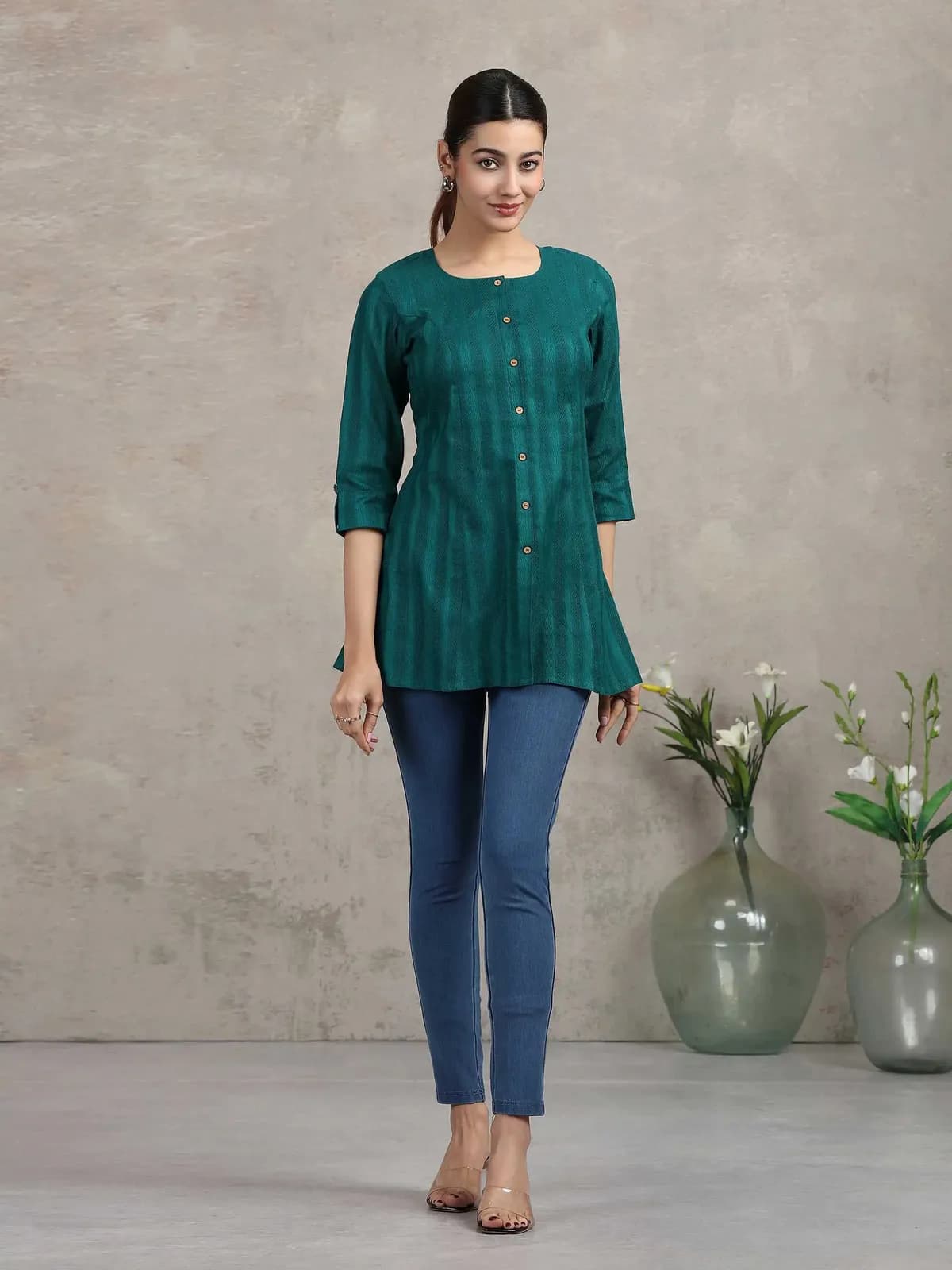 Green Solid Straight Cotton Tunic - Barkha Boutique Kishangarh