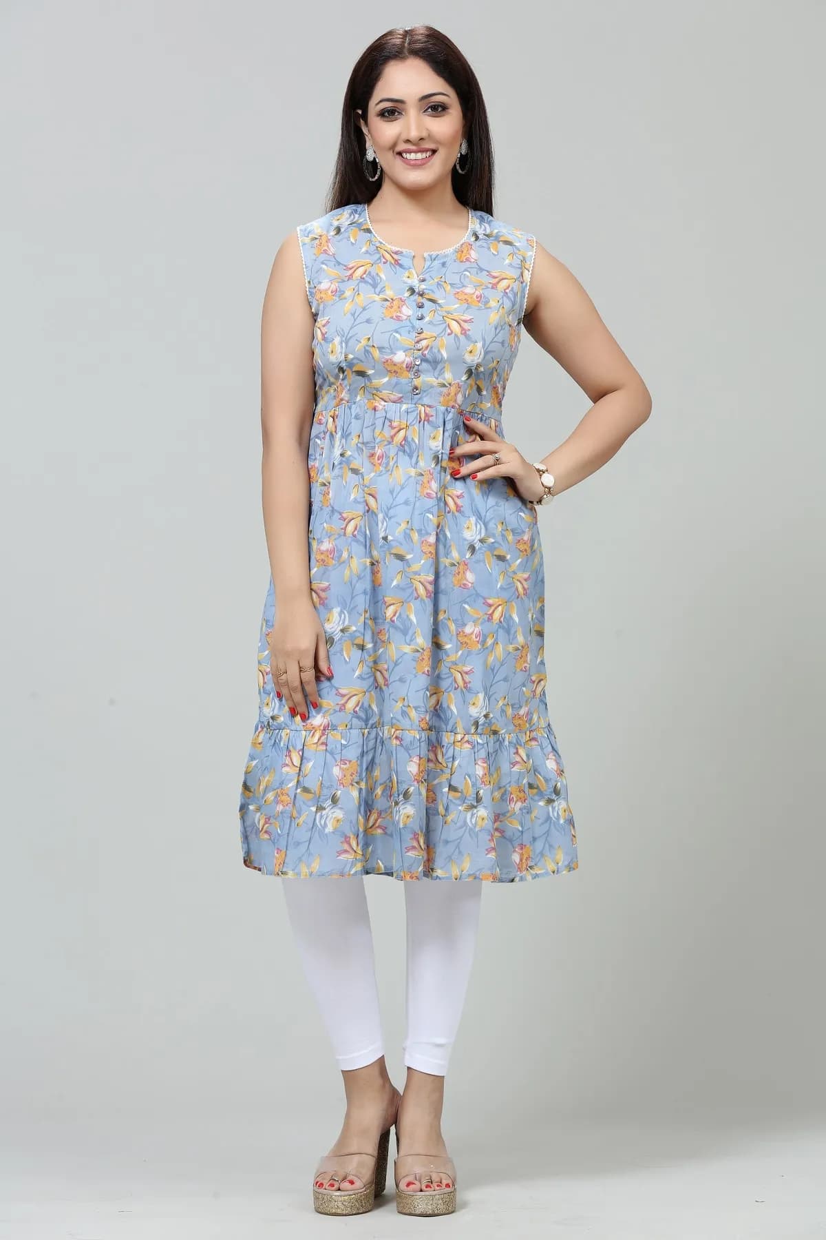 Grey Cotton Flared Printed Sleeveless Kurta