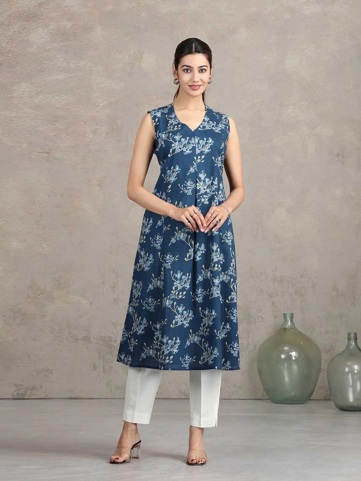 Indigo Blue Floral Printed A-Line Kurta - Barkha Boutique Kishangarh
