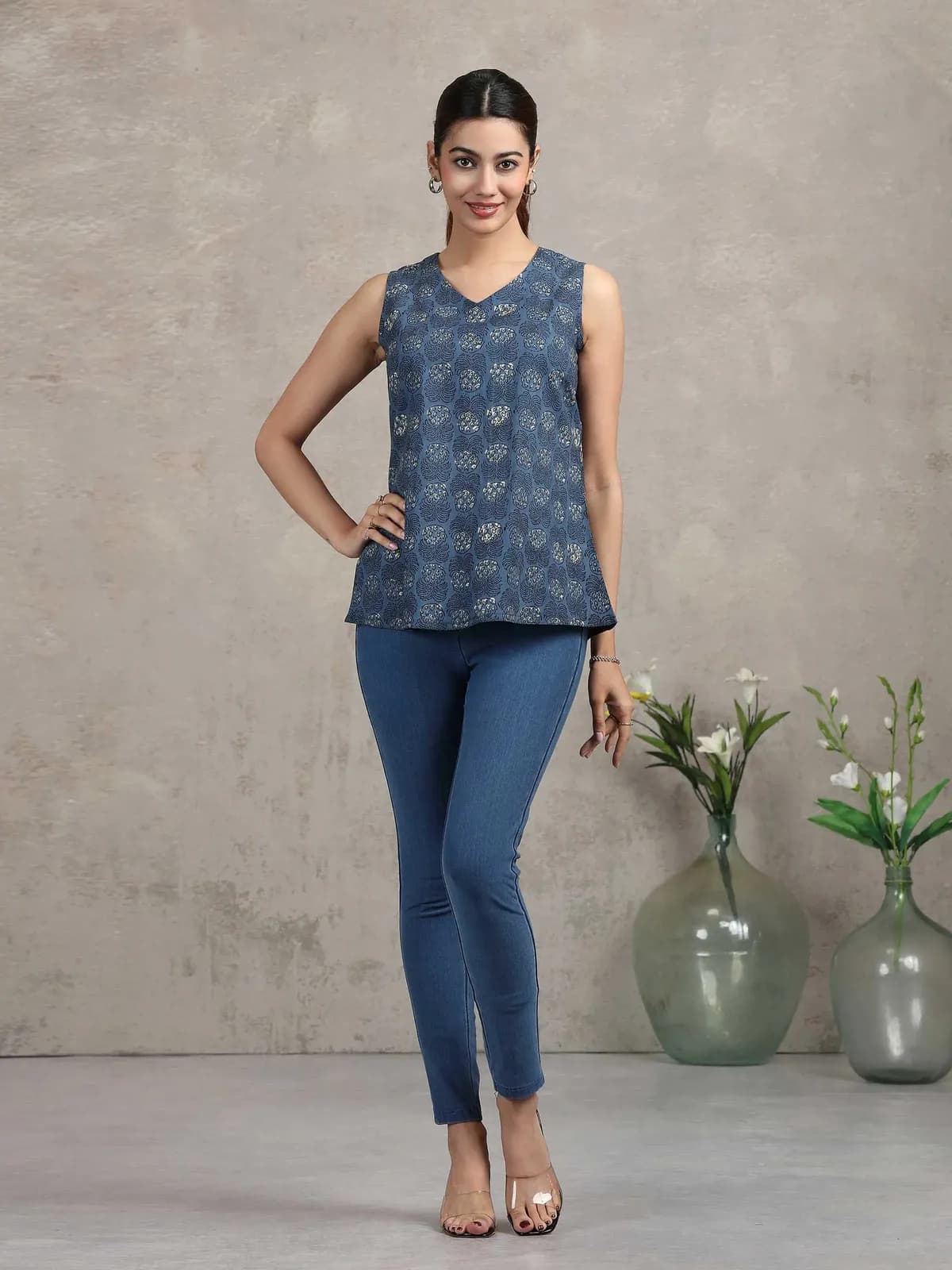 Indigo Blue Floral Printed Cotton Tunic - Barkha Boutique Kishangarh