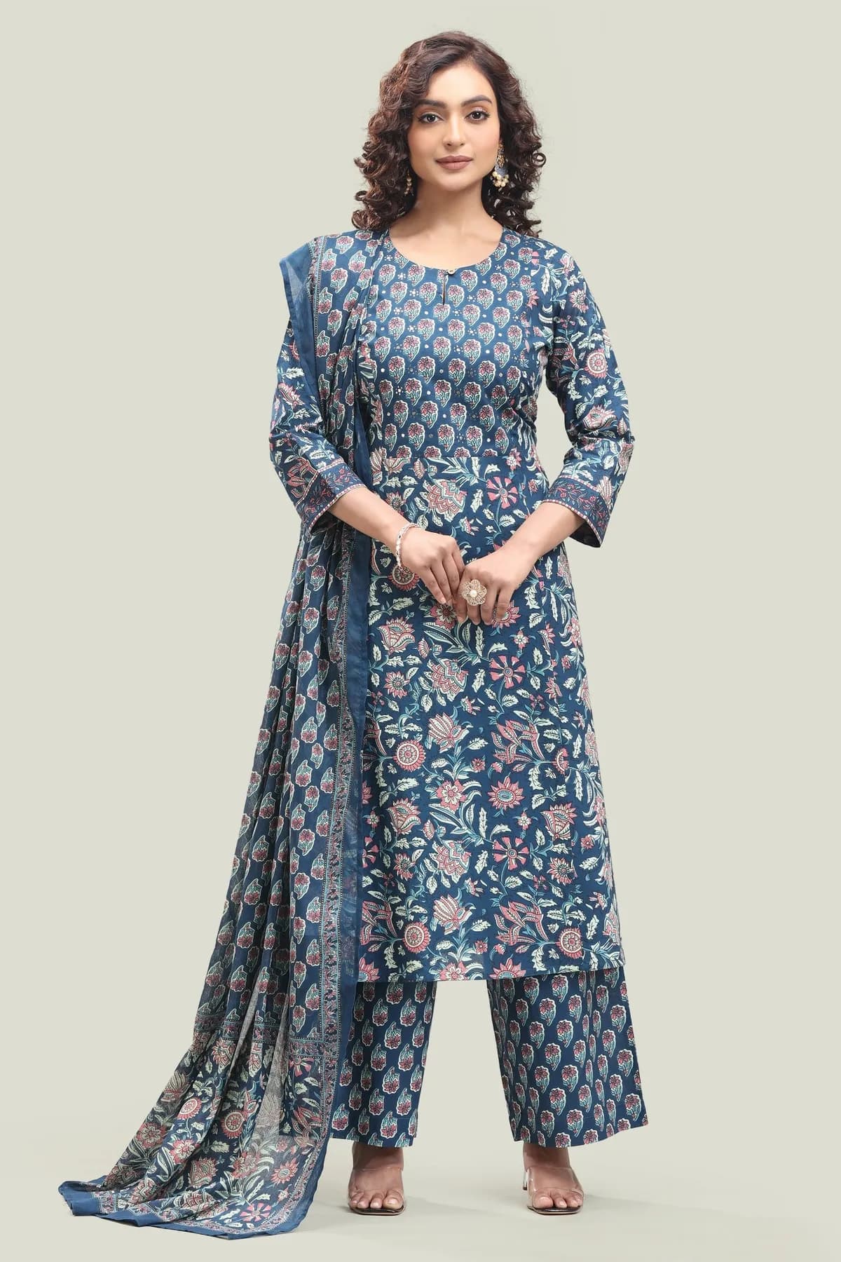 Indigo Blue Jaipuri Cotton Straight Printed Kurta Pant Suit Set - Barkha Boutique Kishangarh