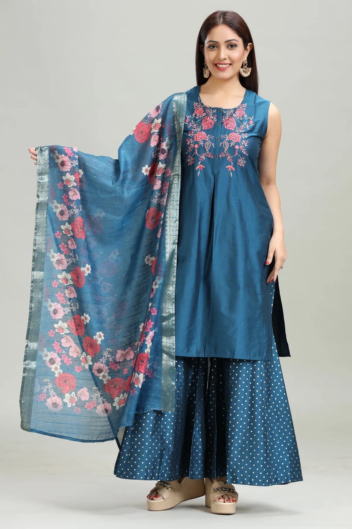 Indigo Blue PolySilk Straight Embroidered Kurta Palazzo Suit Set - Barkha Boutique Kishangarh