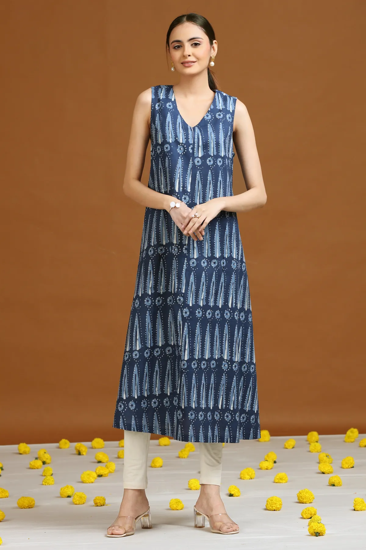 Indigo Blue Printed A-Line Cotton Dress - Barkha Boutique Kishangarh