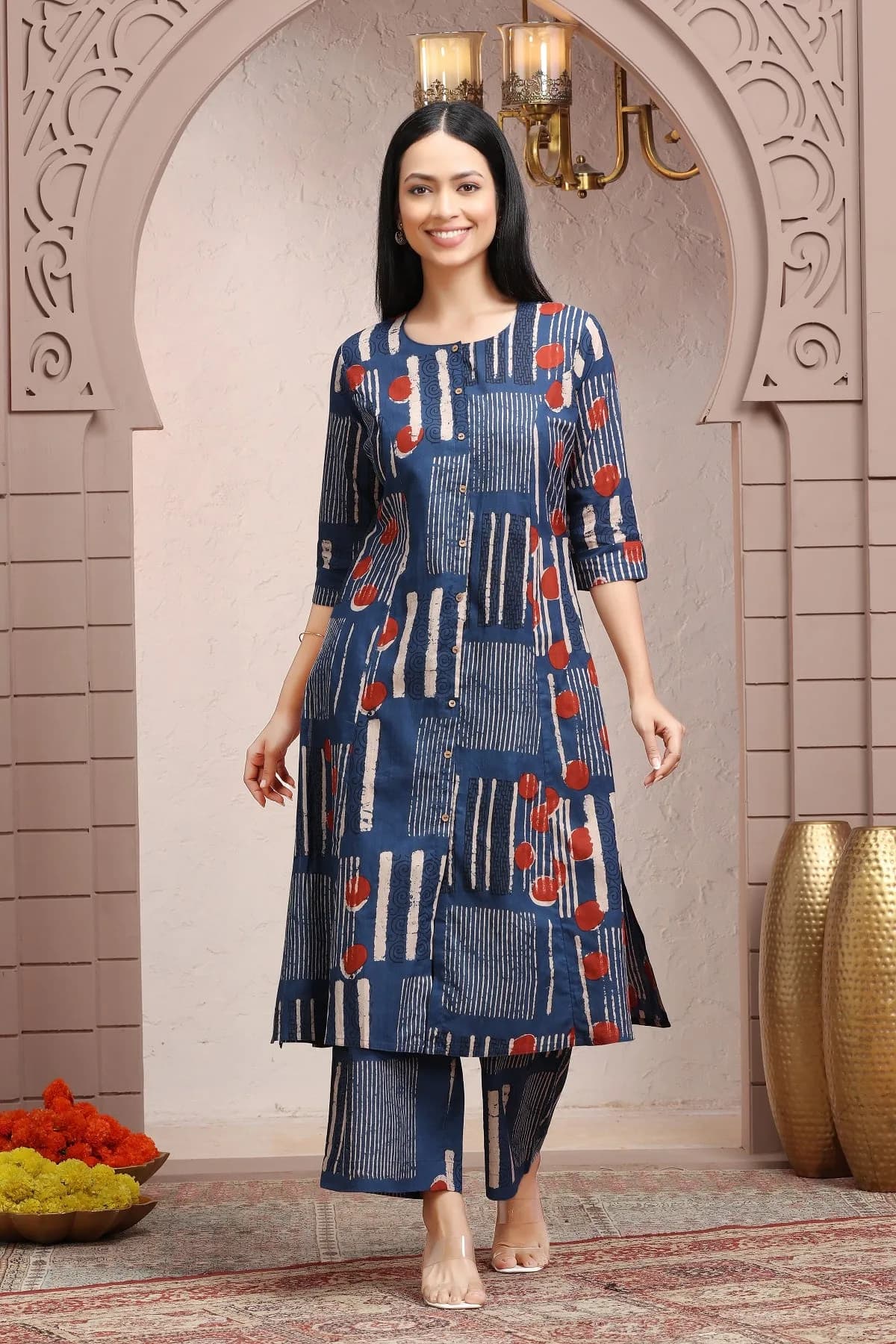 Indigo Blue Printed Cotton Straight Co ord Set - Barkha Boutique Kishangarh