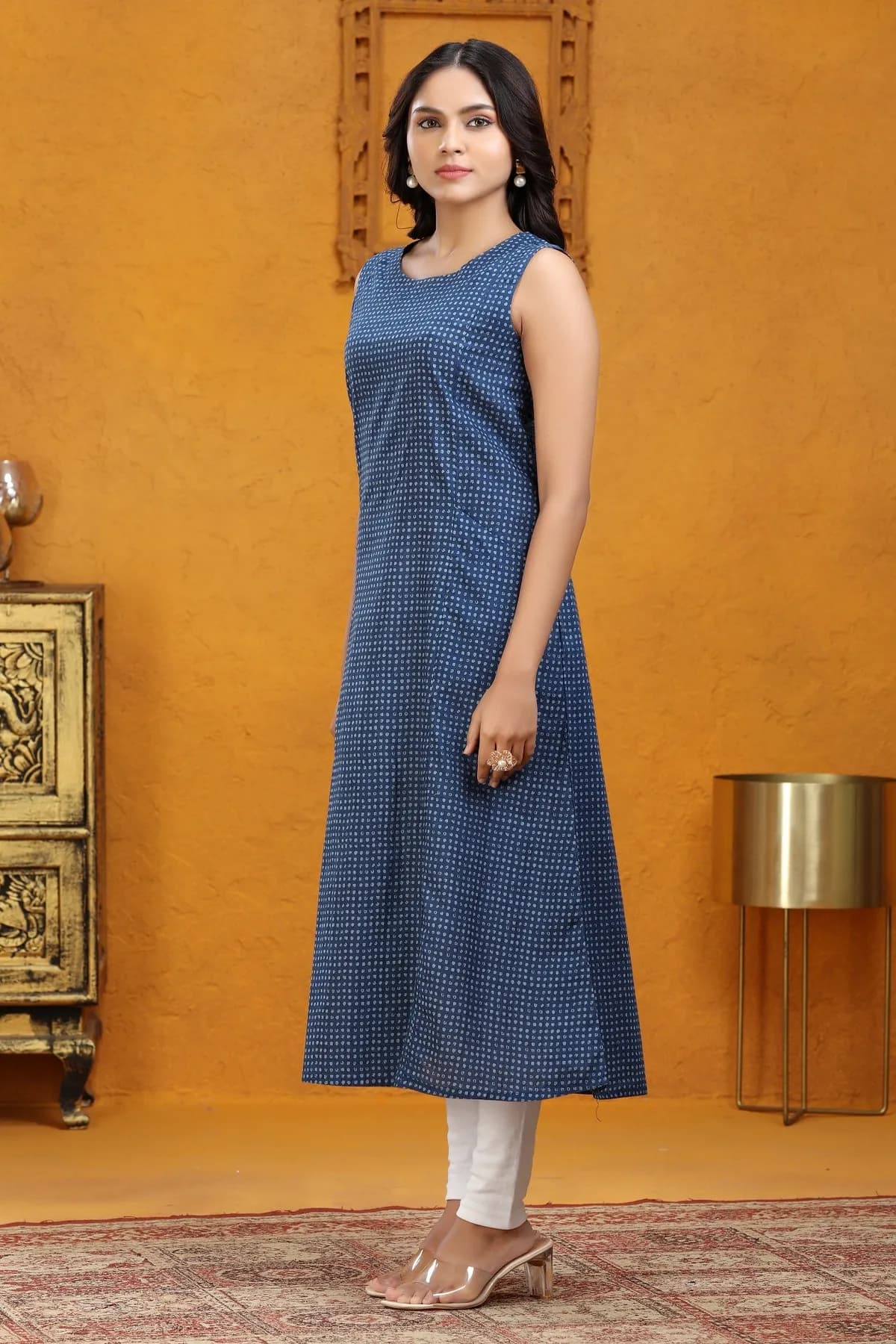 Indigo Cotton Straight Printed Sleeveless Kurta