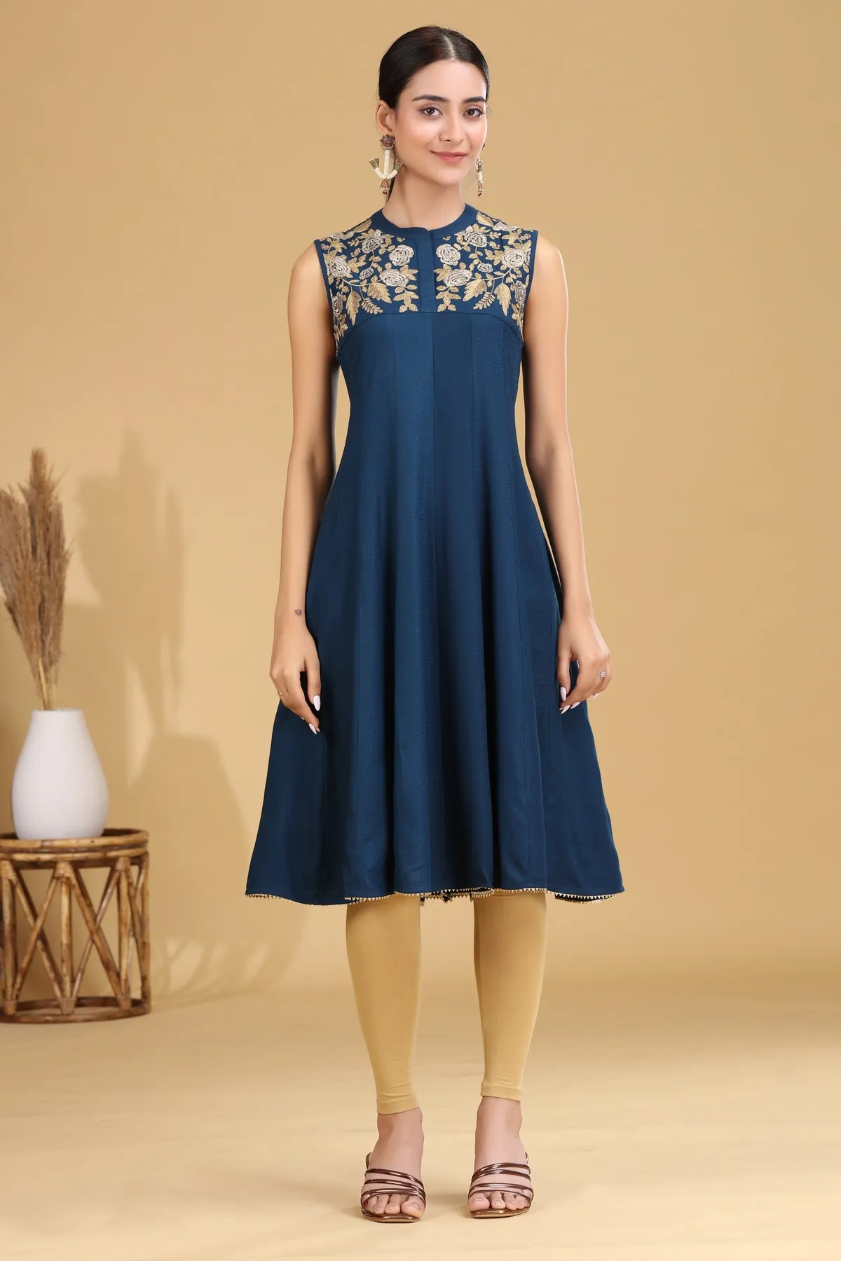 Indigo Embroidered A-Line Dress - Barkha Boutique Kishangarh