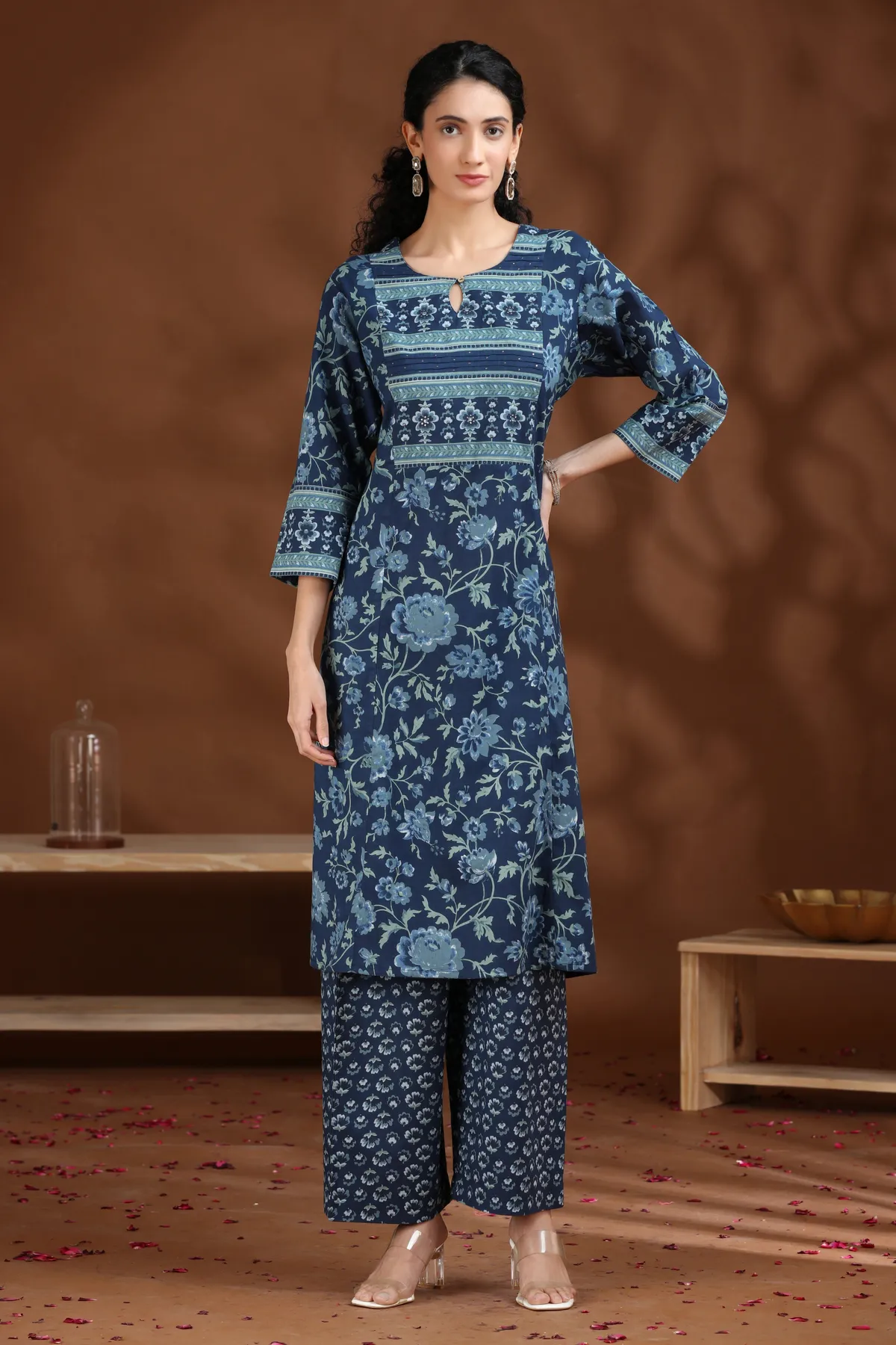 Indigo Floral Printed Cotton Straight Co-ord Set - Barkha Boutique Kishangarh
