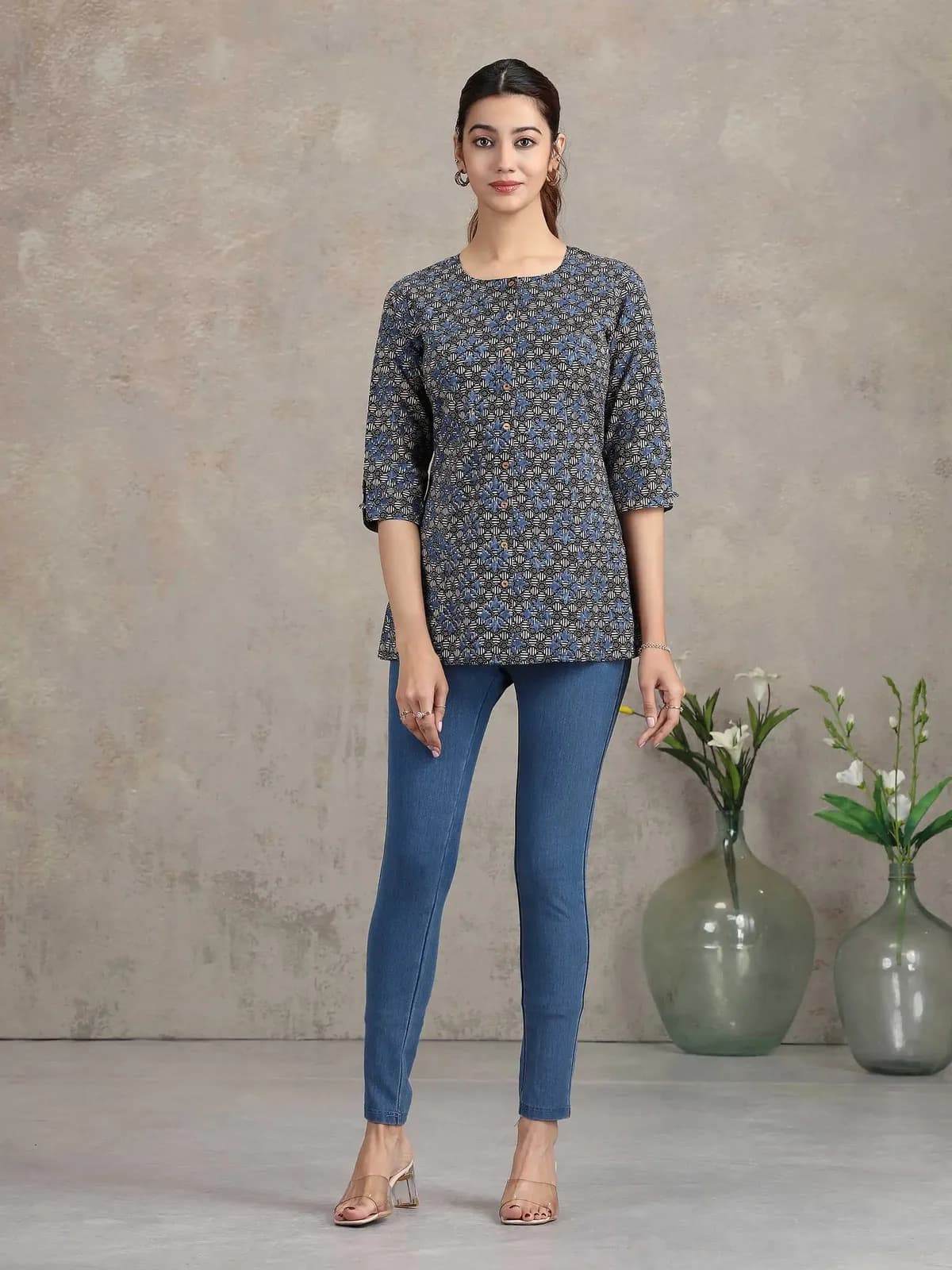 Indigo Floral Printed Cotton Straight Tunic - Barkha Boutique Kishangarh