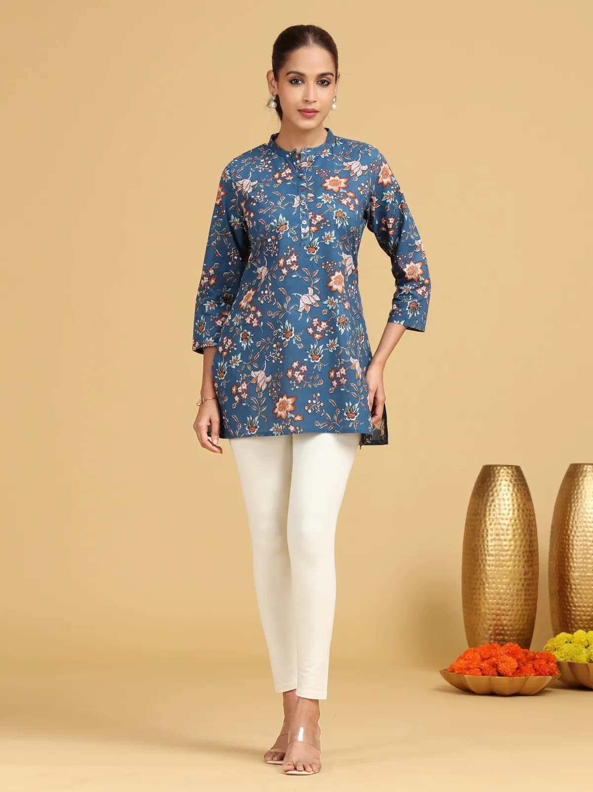 Indigo Floral Printed Cotton Tunic - Barkha Boutique Kishangarh