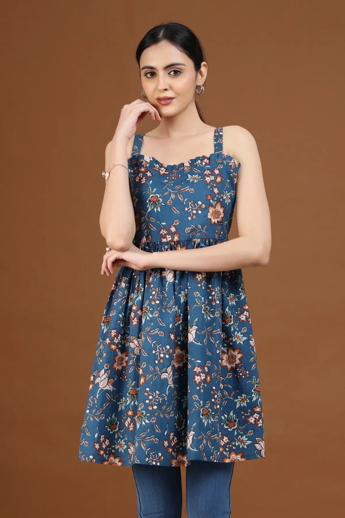 Indigo Floral Printed Flared Dress - Barkha Boutique Kishangarh