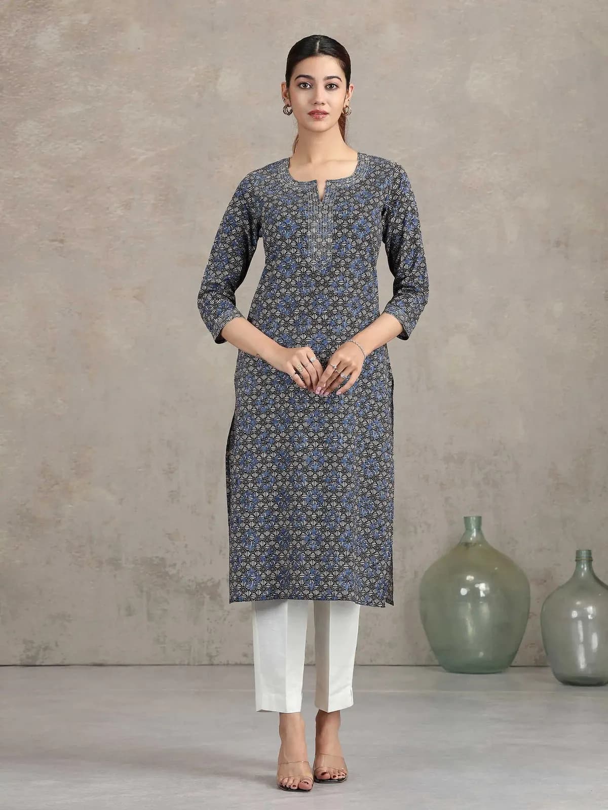 Indigo Floral Printed Straight Kurta - Barkha Boutique Kishangarh