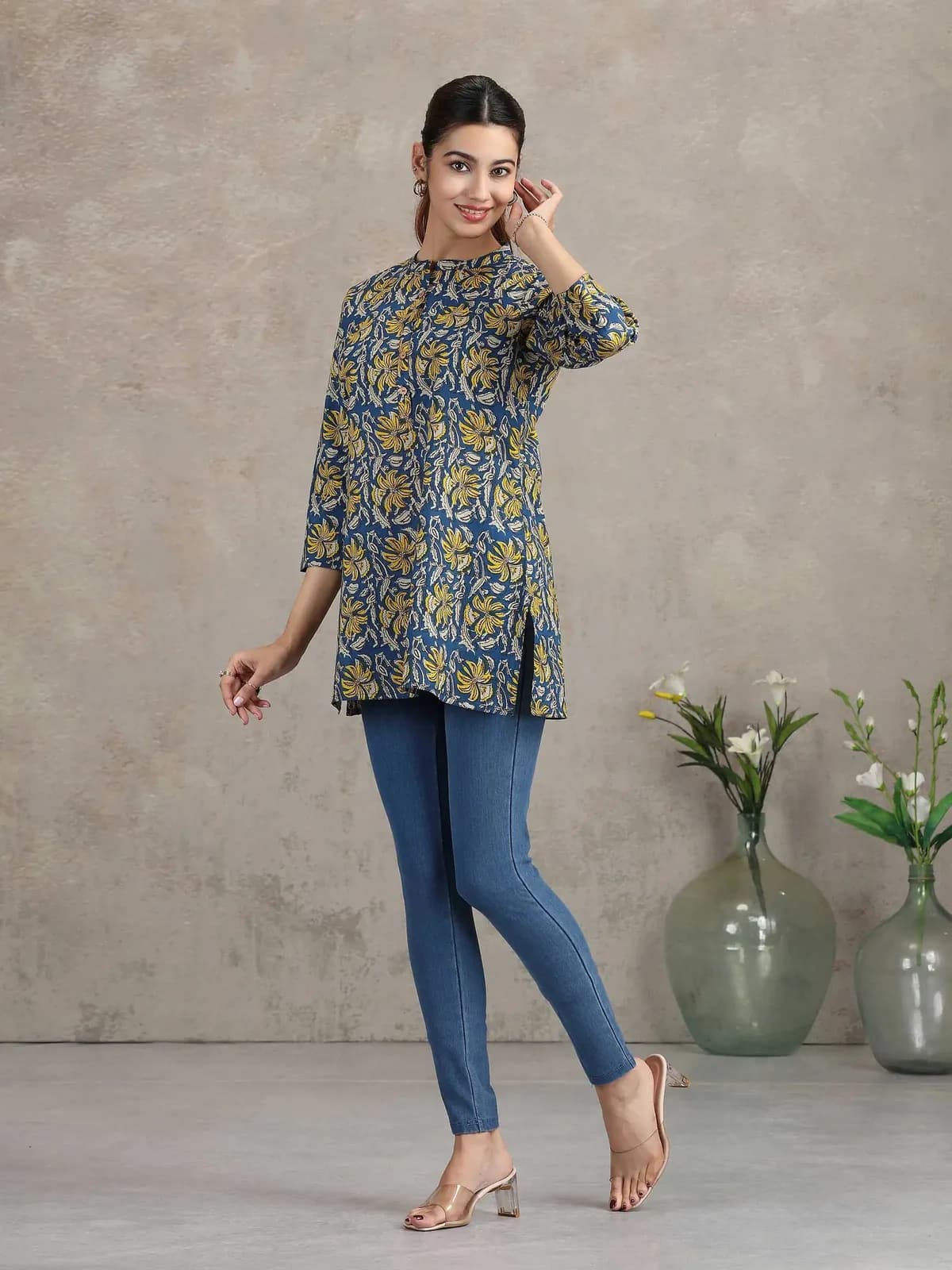 Indigo Floral Printed Straight Tunic - Barkha Boutique Kishangarh