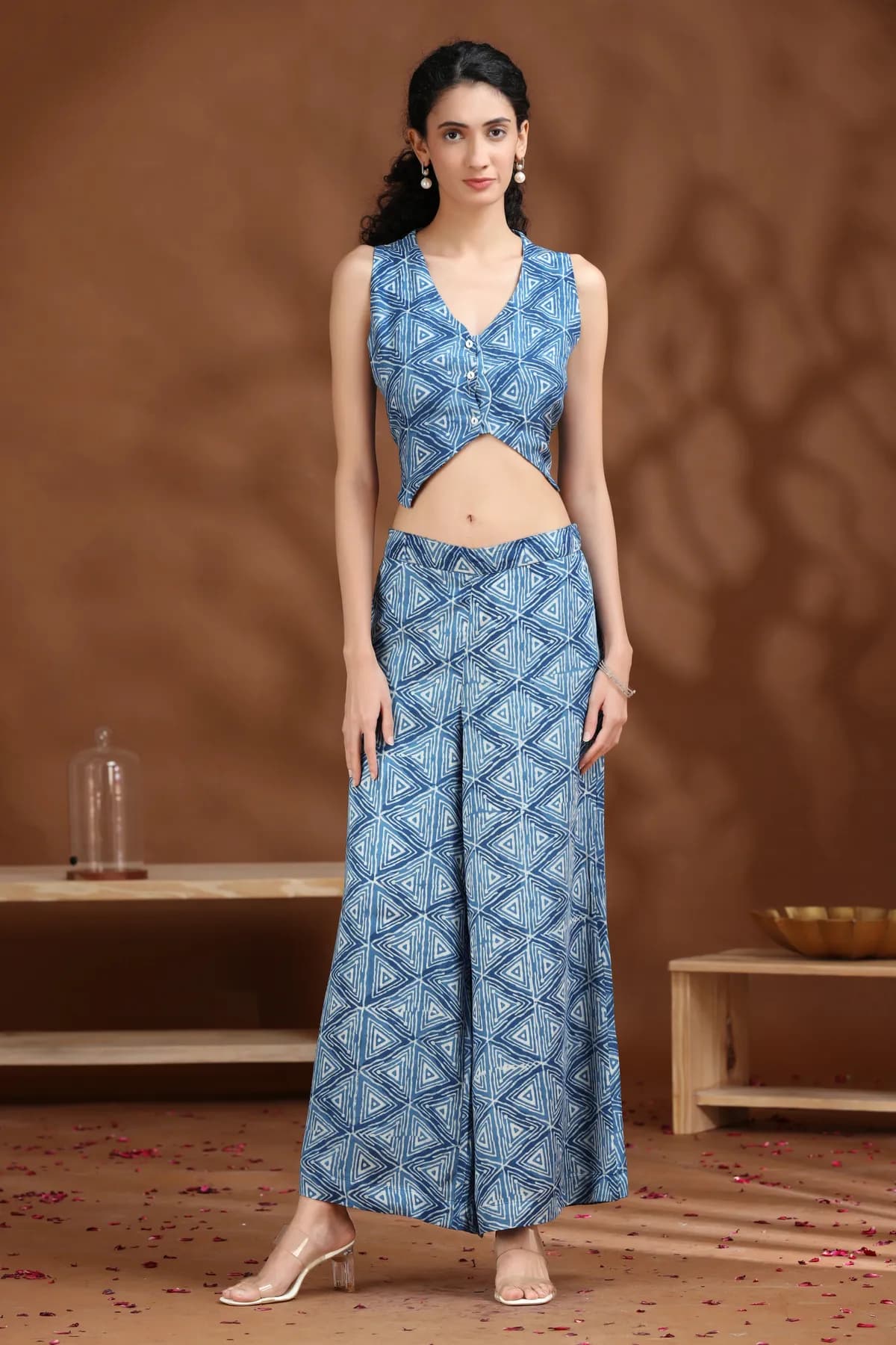 Indigo Printed Waistcoat Co-ord Set - Barkha Boutique Kishangarh