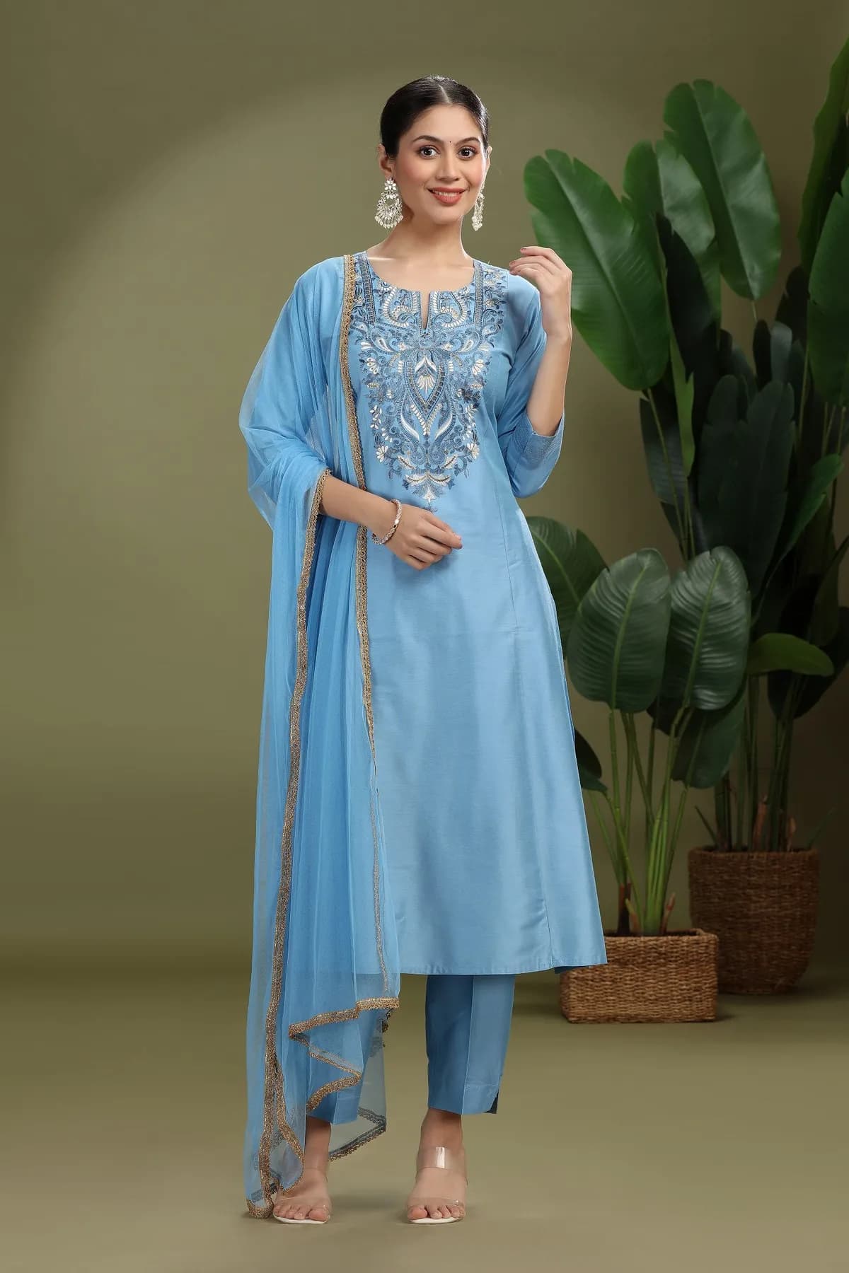 Light Blue PolySilk Embroidered A Line Kurta Pant and Dupatta Suit Set - Barkha Boutique Kishangarh