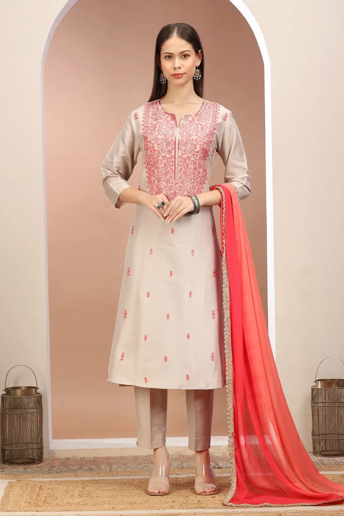 Light Gray PolySilk Embroidered Straight Kurta Pants and Dupatta Set - Barkha Boutique Kishangarh