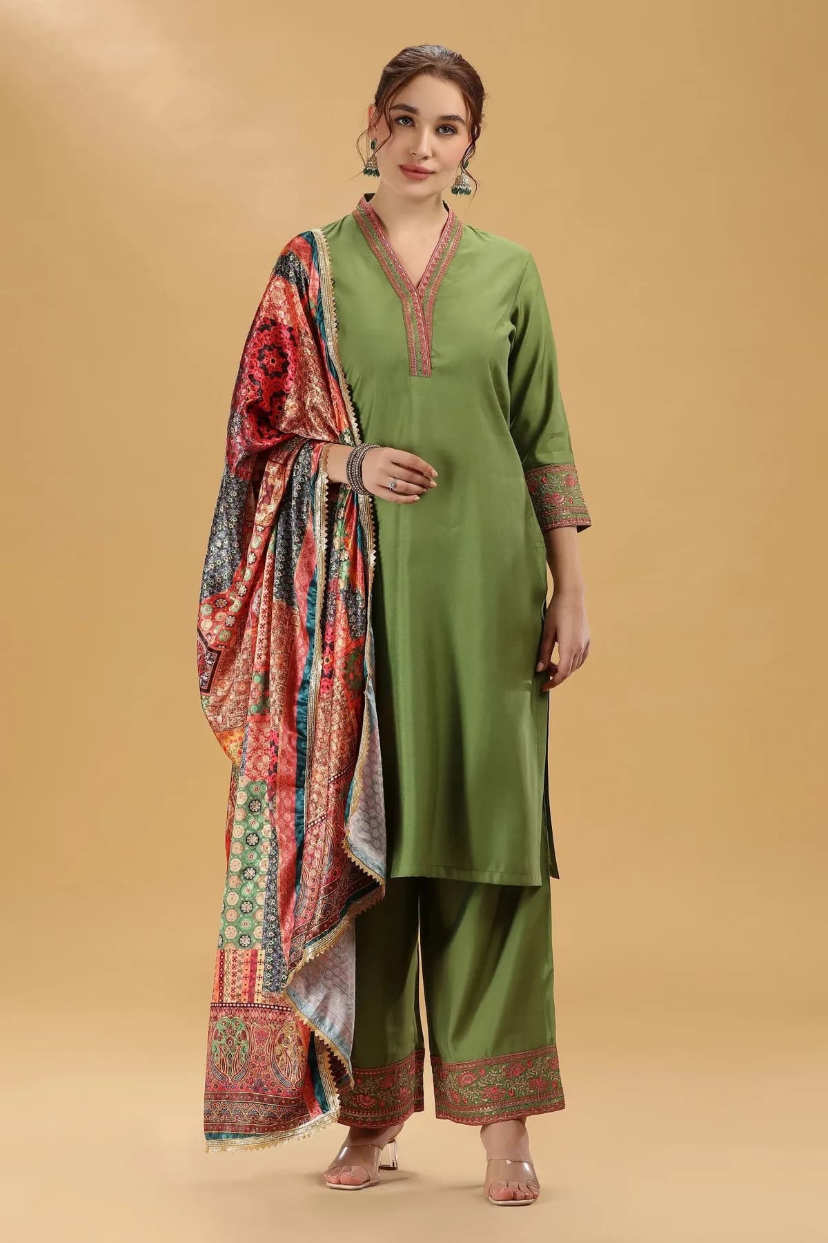 Light Green Embroidered Roman Silk A Line Kurta Pant and Dupatta Suit Set - Barkha Boutique Kishangarh