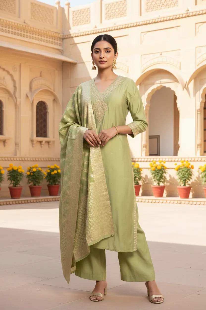 Light Green Embroidered Straight Ethnic Set - Barkha Boutique Kishangarh