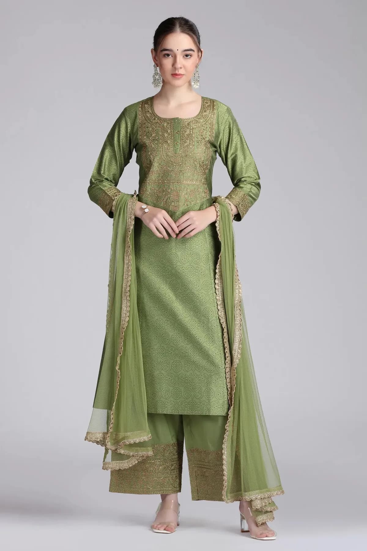 Light Green PolySilk Embroidered Straight Kurta Pant and Dupatta Suit Set - Barkha Boutique Kishangarh