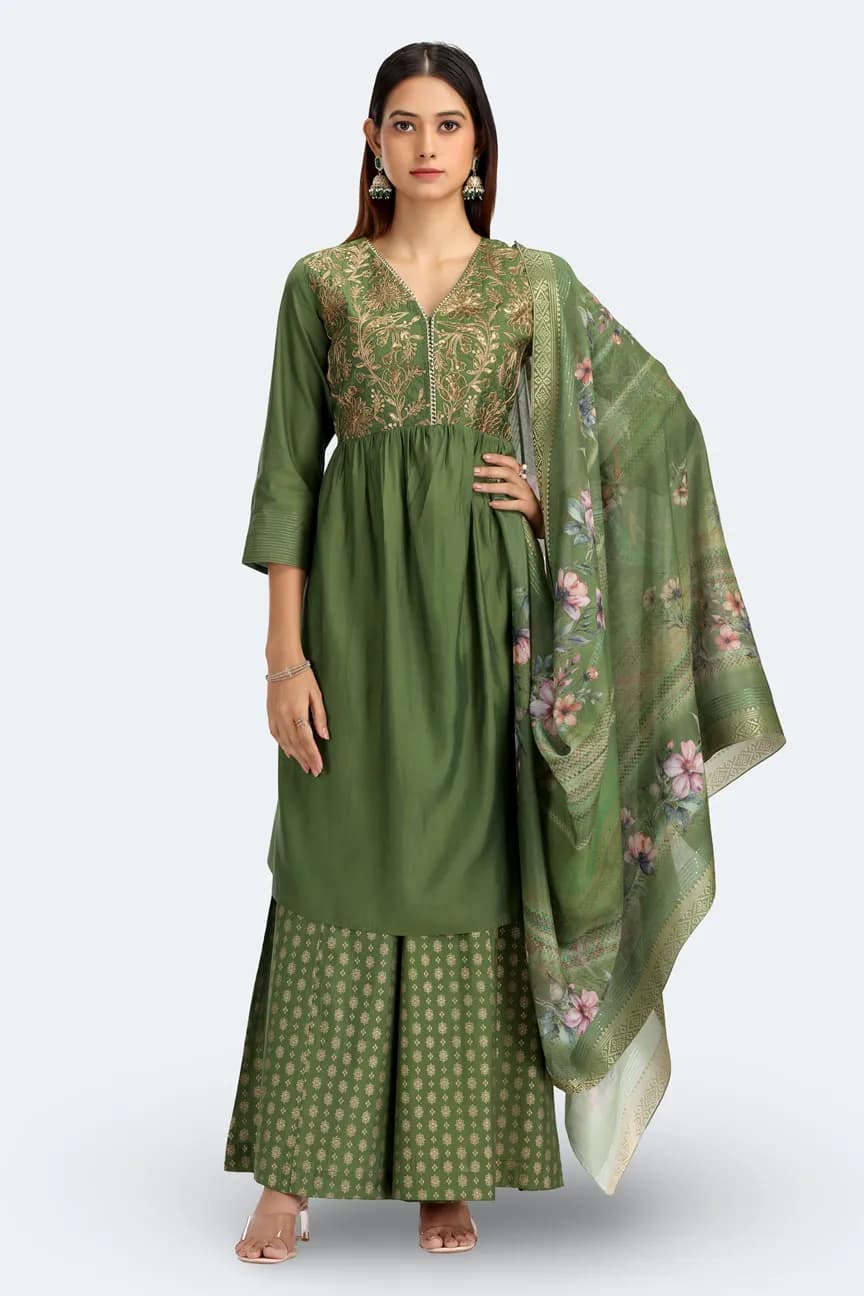 Light Green Roman Silk Embroidered Gathered Kurta Pant and Dupatta Suit Set - Barkha Boutique Kishangarh
