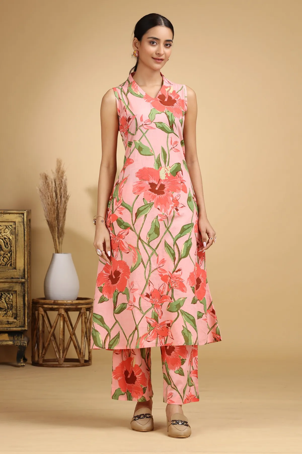 Light Peach Botanical Printed Cotton A-Line Co-ord Set - Barkha Boutique Kishangarh
