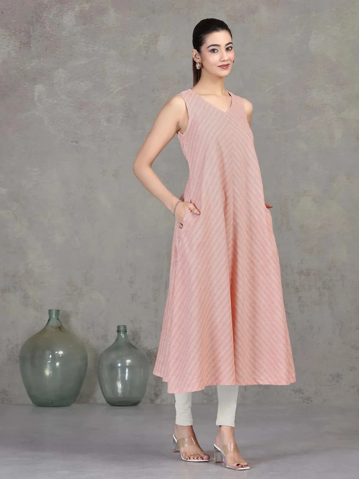 Light Peach Chevron Printed Flared Dress - Barkha Boutique Kishangarh