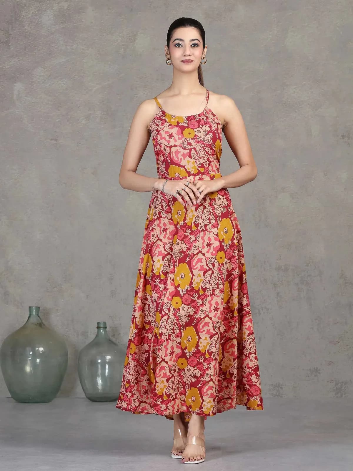 Light Peach Floral Printed Cotton A-Line Dress - Barkha Boutique Kishangarh