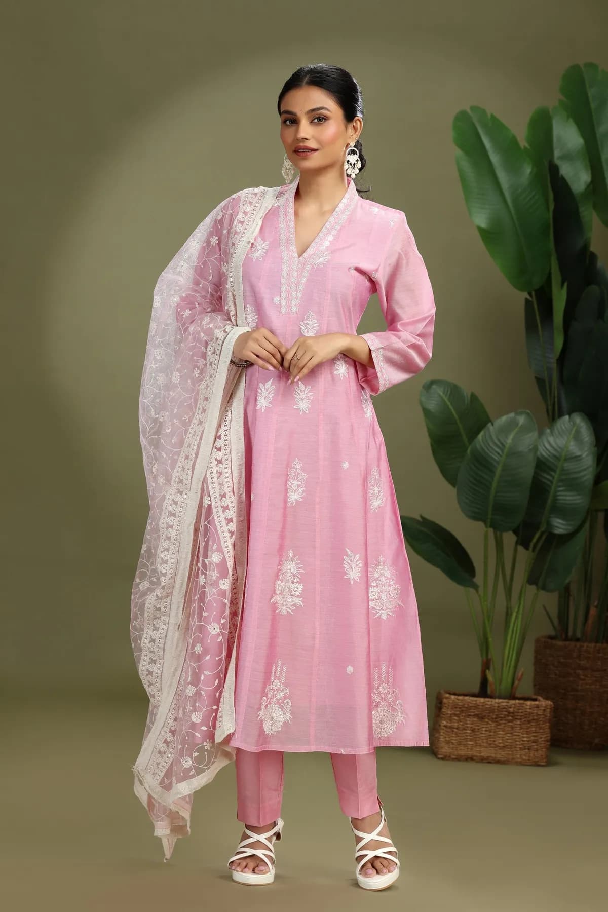 Light Pink Chanderi Embroidered A Line Kurta Pant and Dupatta Suit Set - Barkha Boutique Kishangarh
