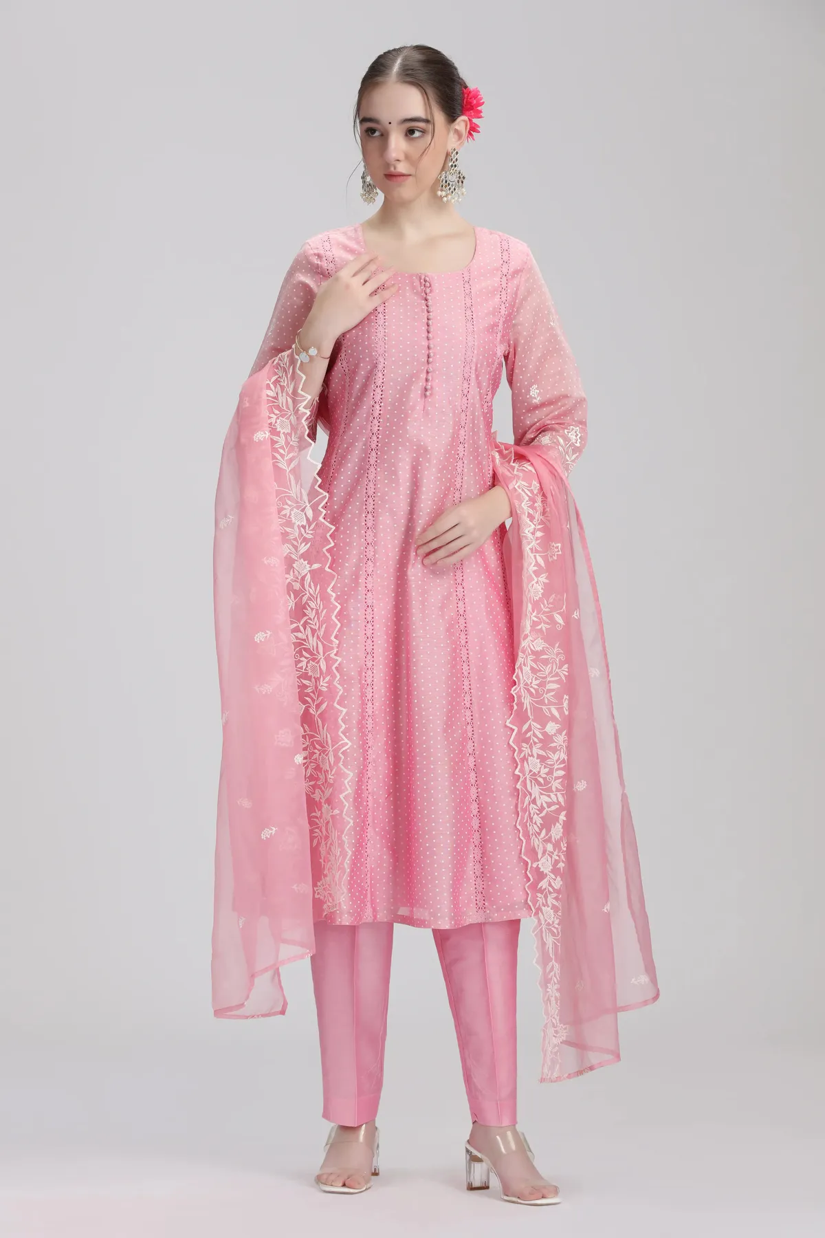 Light Pink Chanderi Embroidered A Line Kurta Pant and Dupatta Suit Set - Barkha Boutique Kishangarh