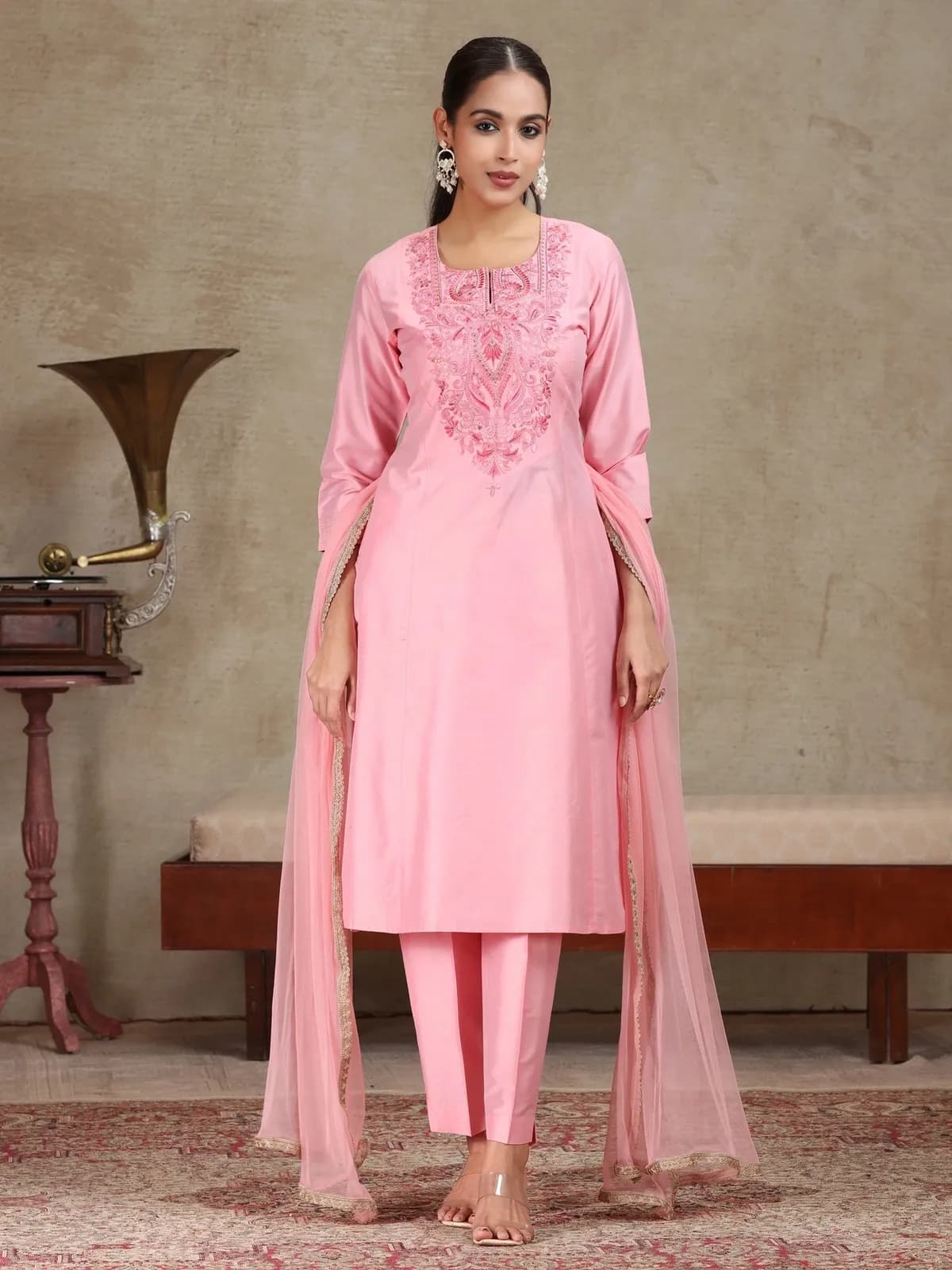 Light Pink Embroidered A-Line Ethnic Set - Barkha Boutique Kishangarh