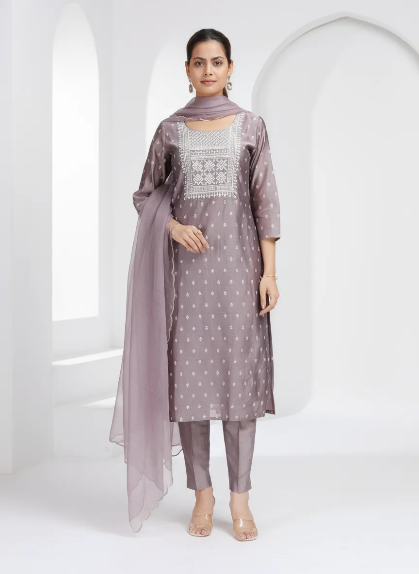 Light Purple Chanderi Embroidered Straight Kurta Pant and Dupatta Suit Set - Barkha Boutique Kishangarh