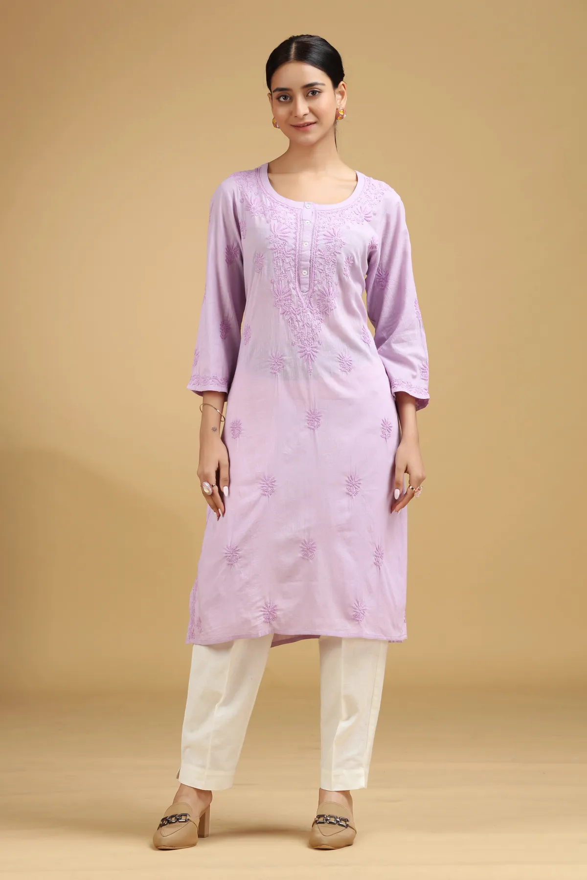 Light Purple Embroidered Cotton Straight Kurta - Barkha Boutique Kishangarh