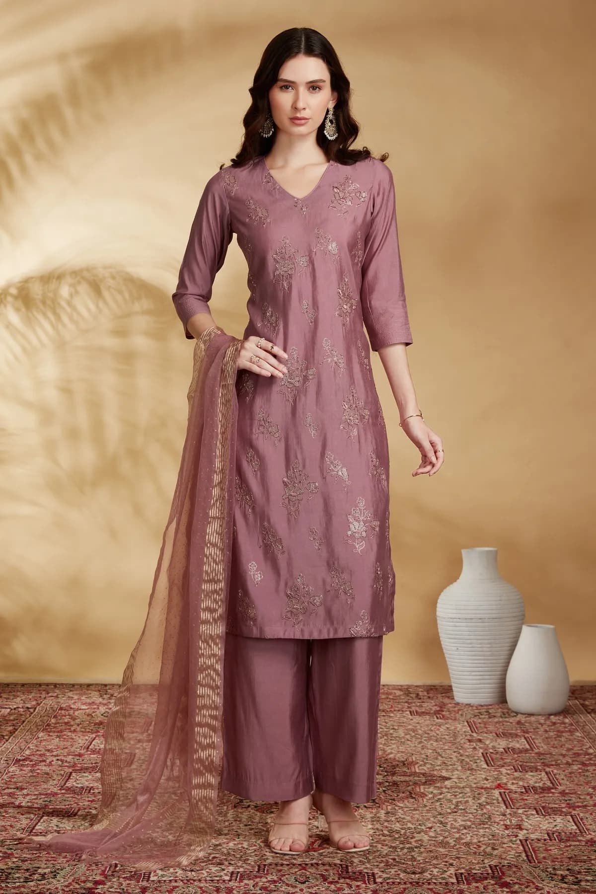 Light Purple Roman Silk Embroidered Straight Kurta Pant and Dupatta Suit Set - Barkha Boutique Kishangarh
