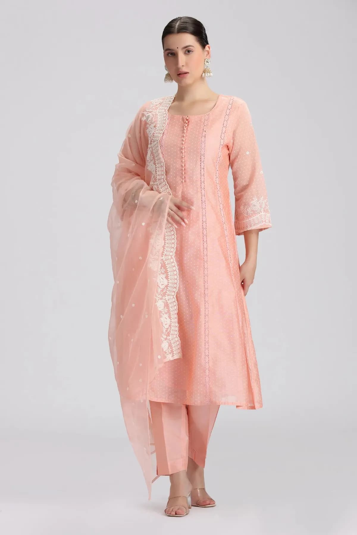 Light Salmon Chanderi Embroidered A Line Kurta Pant and Dupatta Suit Set - Barkha Boutique Kishangarh