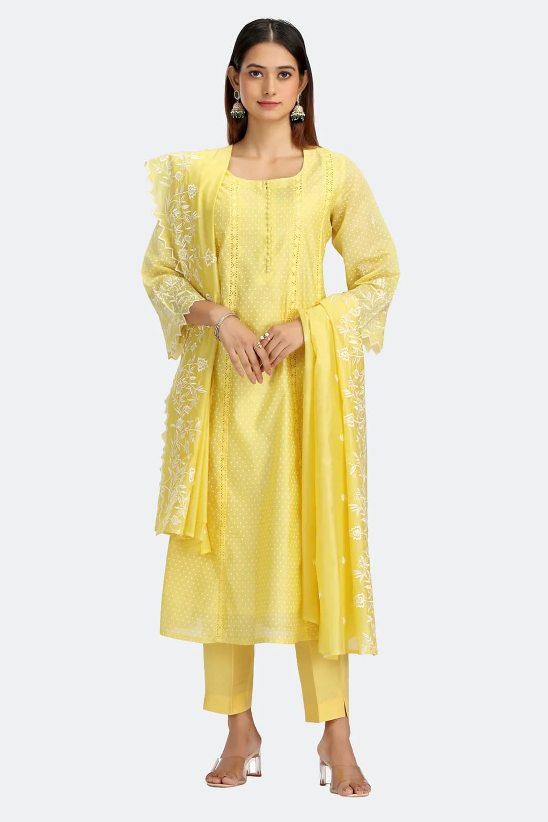 Light Yellow Chanderi Embroidered A Line Kurta Pant and Dupatta Suit Set - Barkha Boutique Kishangarh