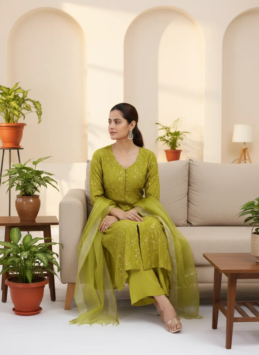 Lime Green Chanderi Embroidered A Line Kurta Pant and Dupatta Suit Set - Barkha Boutique Kishangarh
