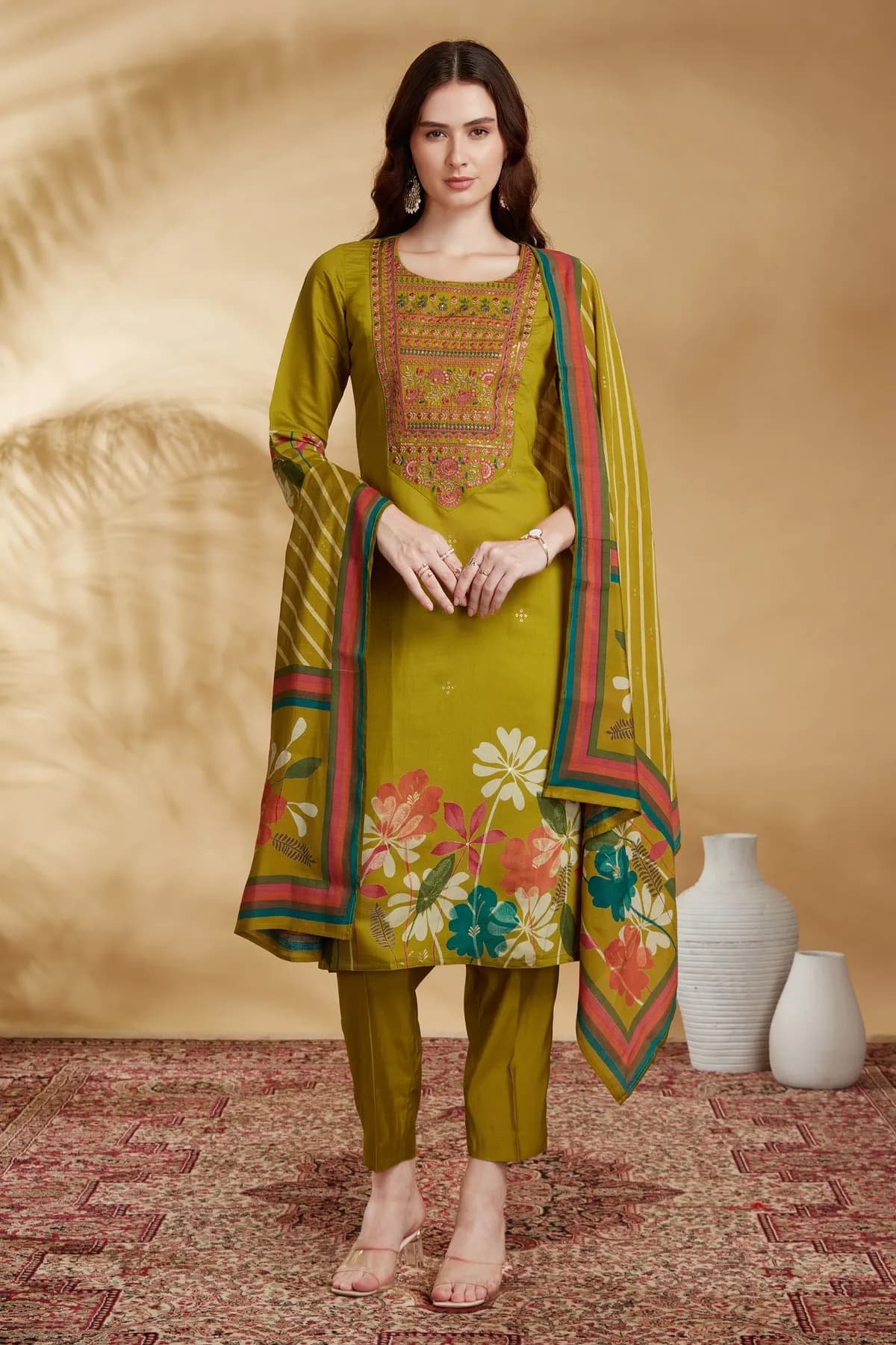 Lime Green Chanderi Embroidered Straight Kurta Pant and Dupatta Suit Set - Barkha Boutique Kishangarh