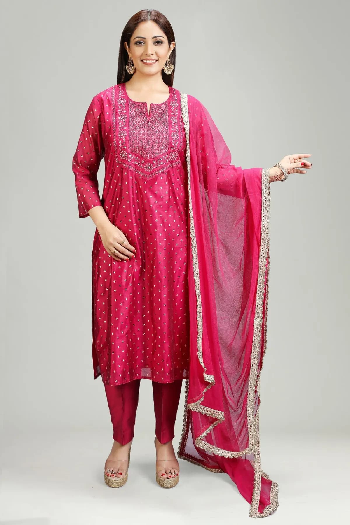 Magenta Chanderi Straight Embroidered Kurta Pant Suit Set - Barkha Boutique Kishangarh