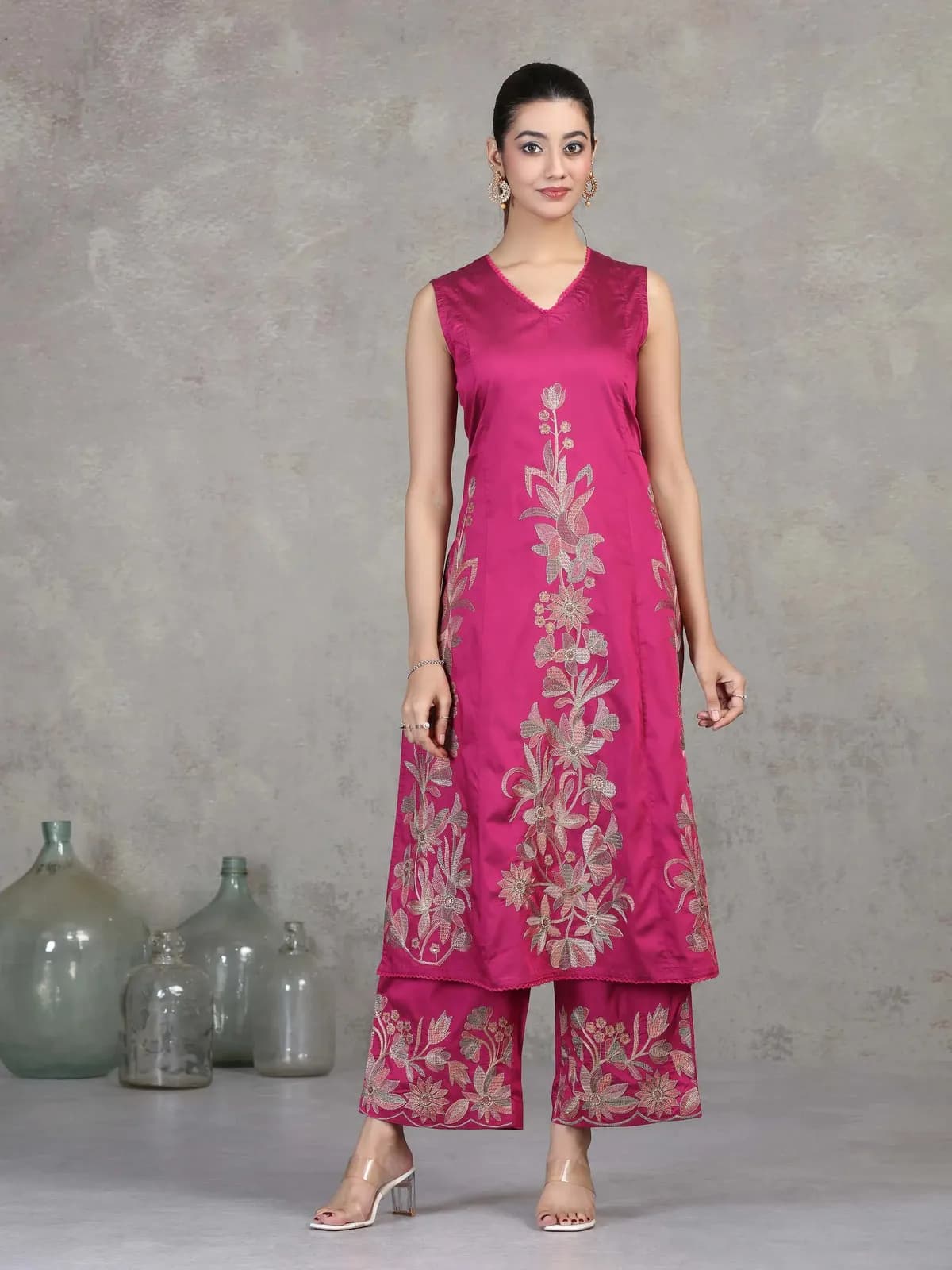 Magenta Floral Embroidered A-Line Co-ord Set - Barkha Boutique Kishangarh
