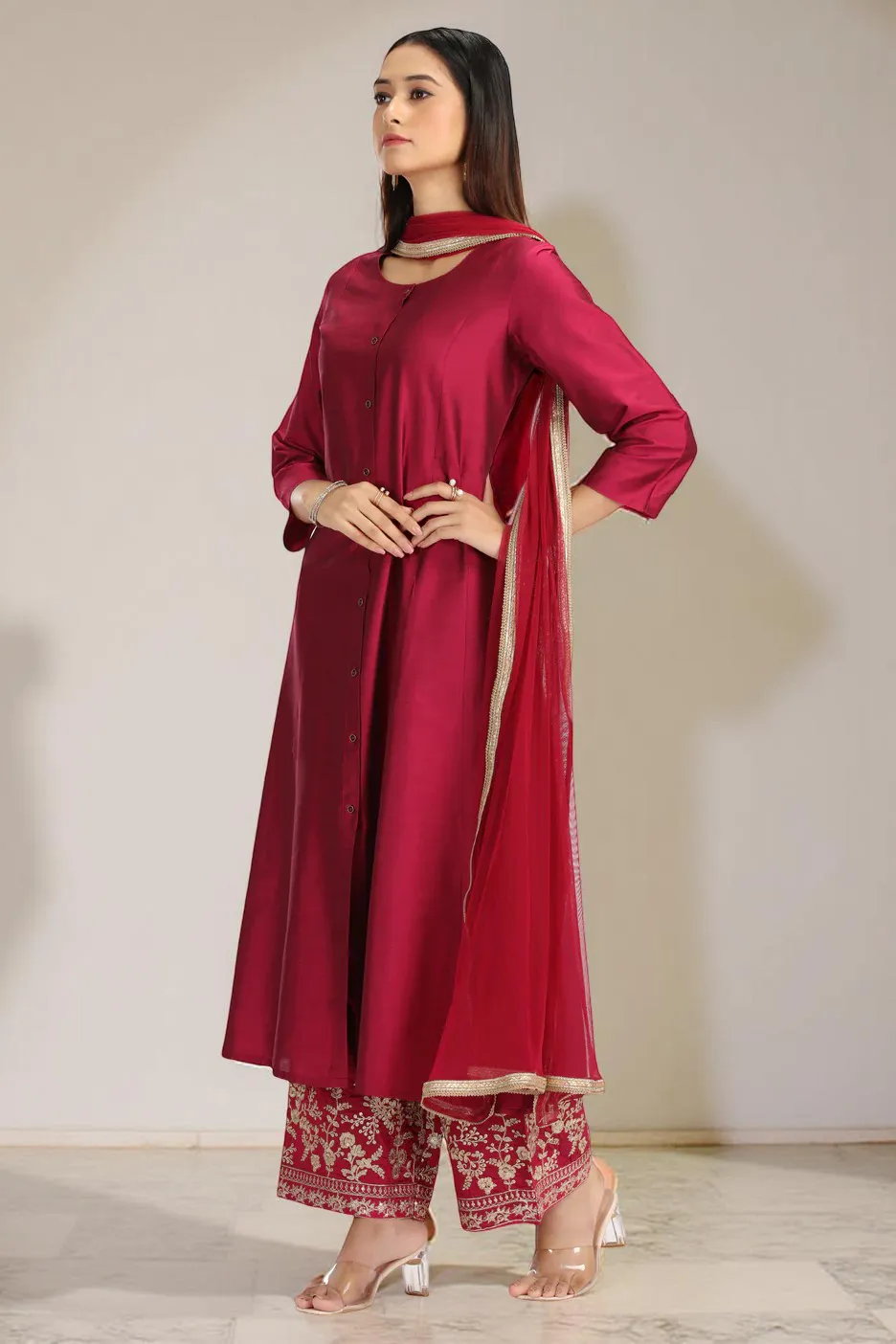 Magenta PolySilk Embroidered A Line Kurta Pant and Dupatta Suit Set - Barkha Boutique Kishangarh