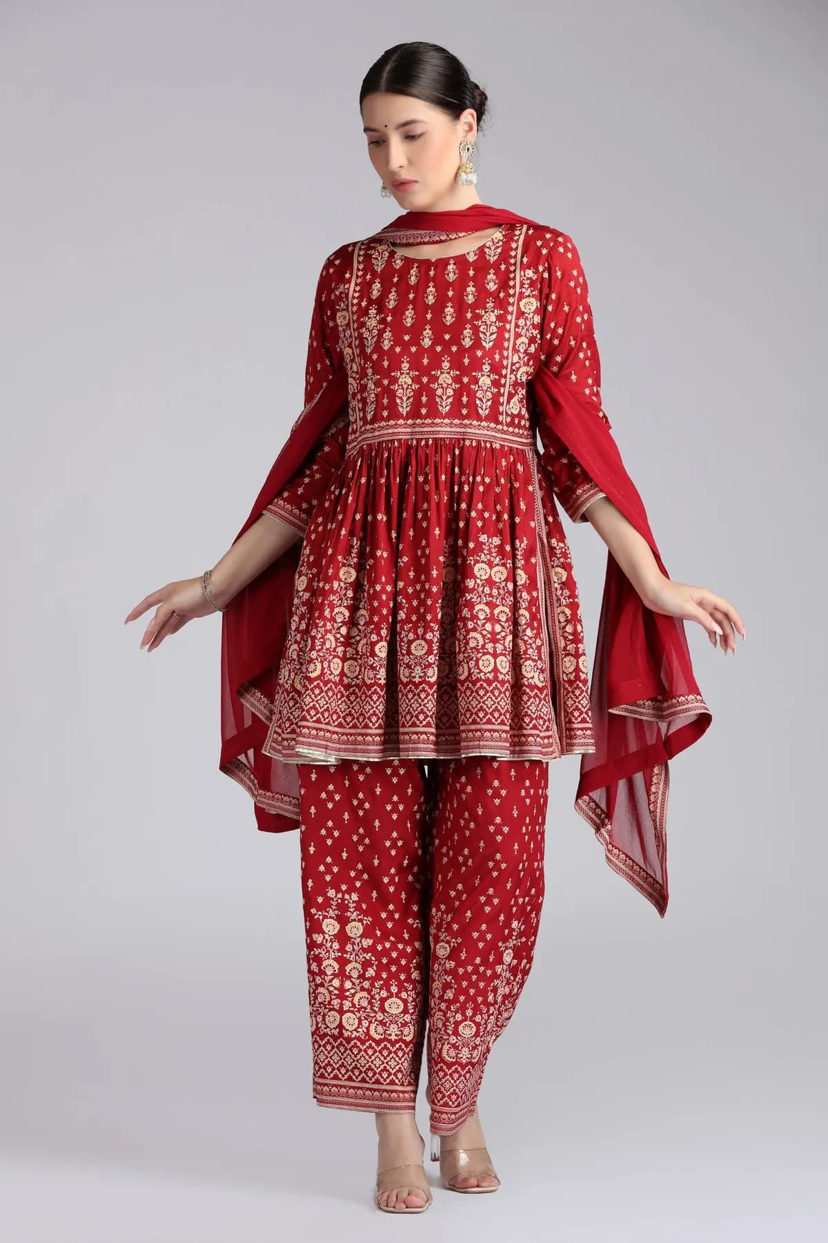 Maroon Santoon Printed Gathered Kurta Pant and Dupatta Suit Set - Barkha Boutique Kishangarh