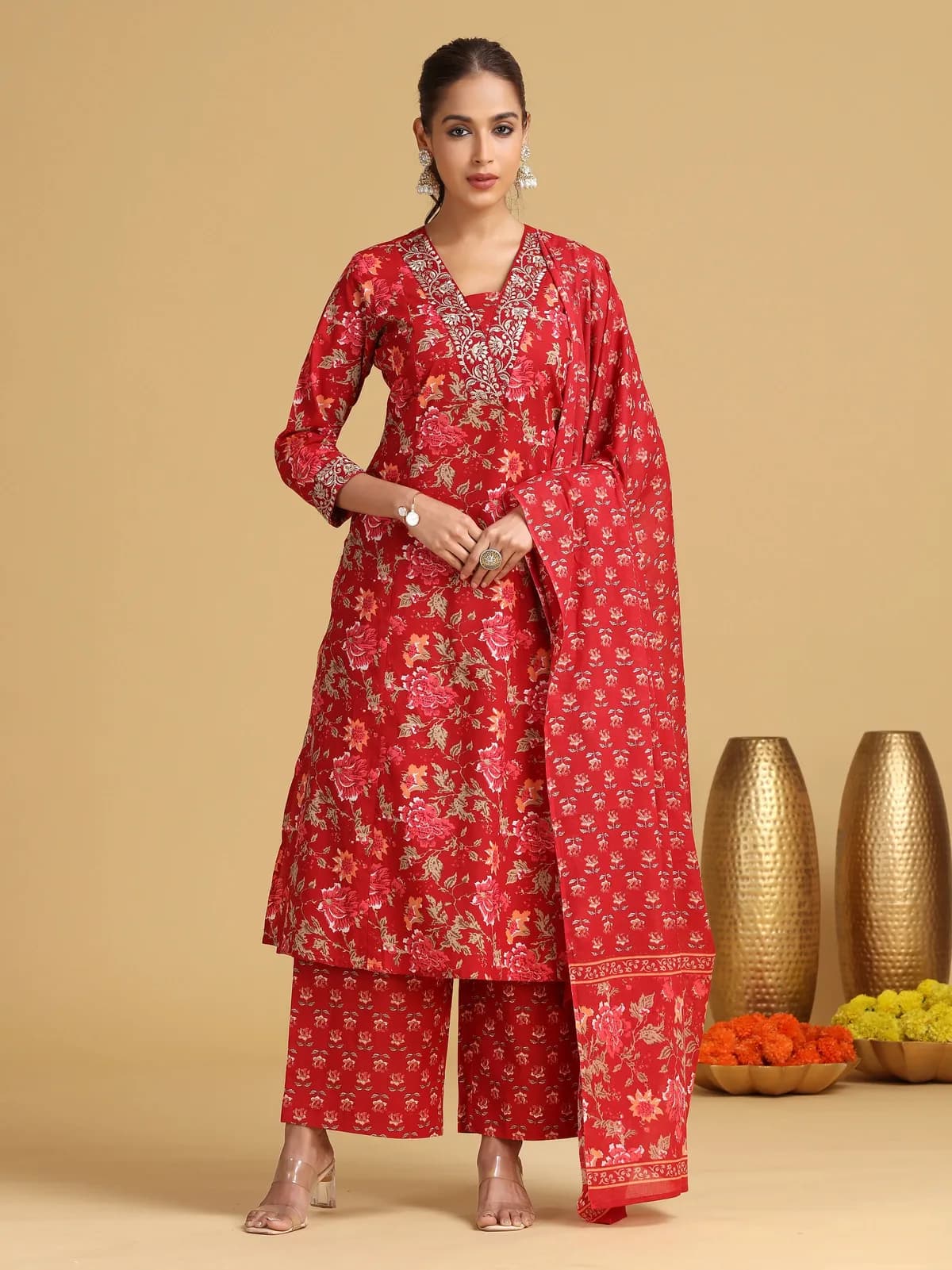 Maroon Embroidered A-Line Cotton Ethnic Set - Barkha Boutique Kishangarh